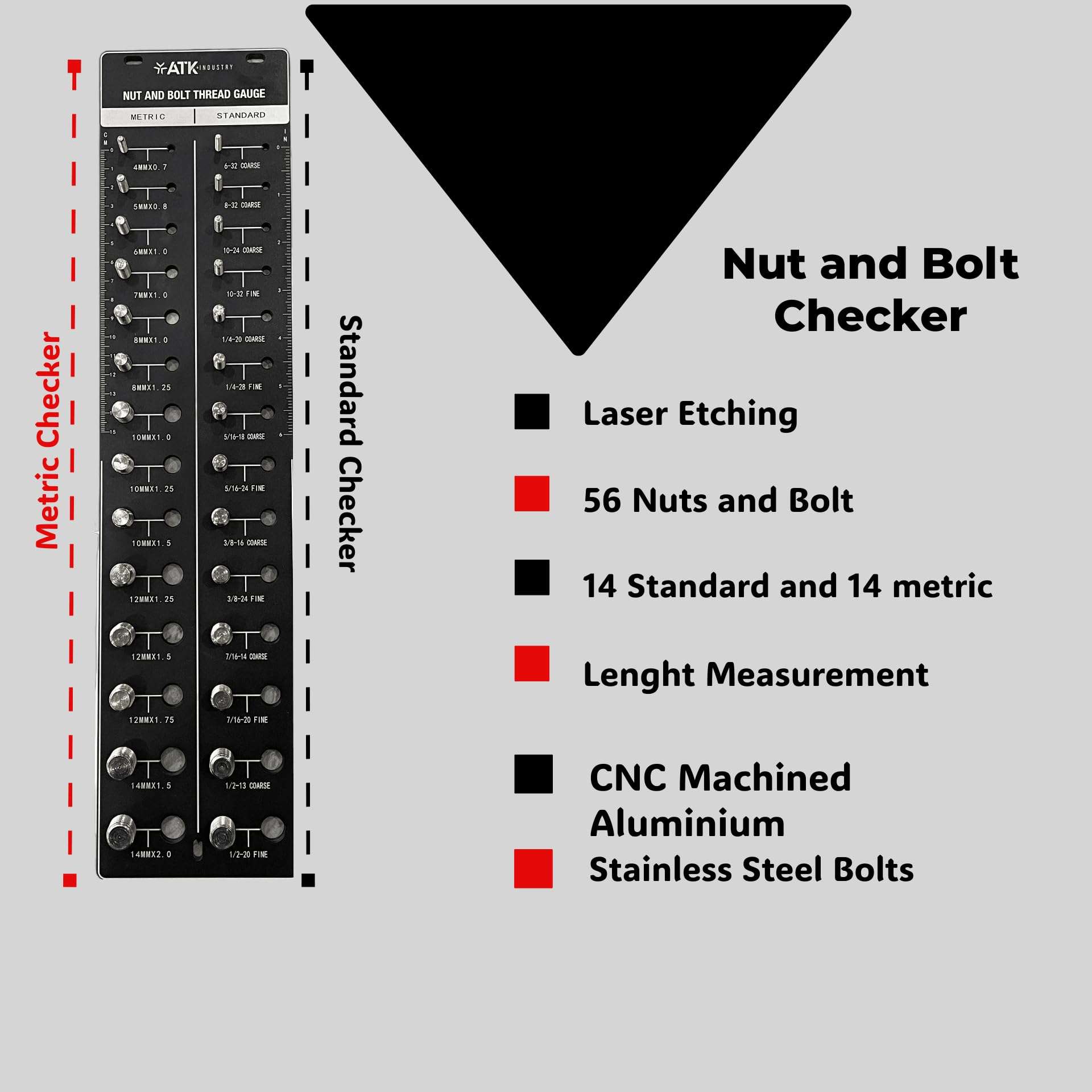 ATKindustry Thread Checker Standard and Metric, Nut and Bolt Thread Gauge, Screw Size Chart, 28 Sizes Base Plate - Aluminum Anodized with Stainless Steel Bolts (Black) (Black) 3