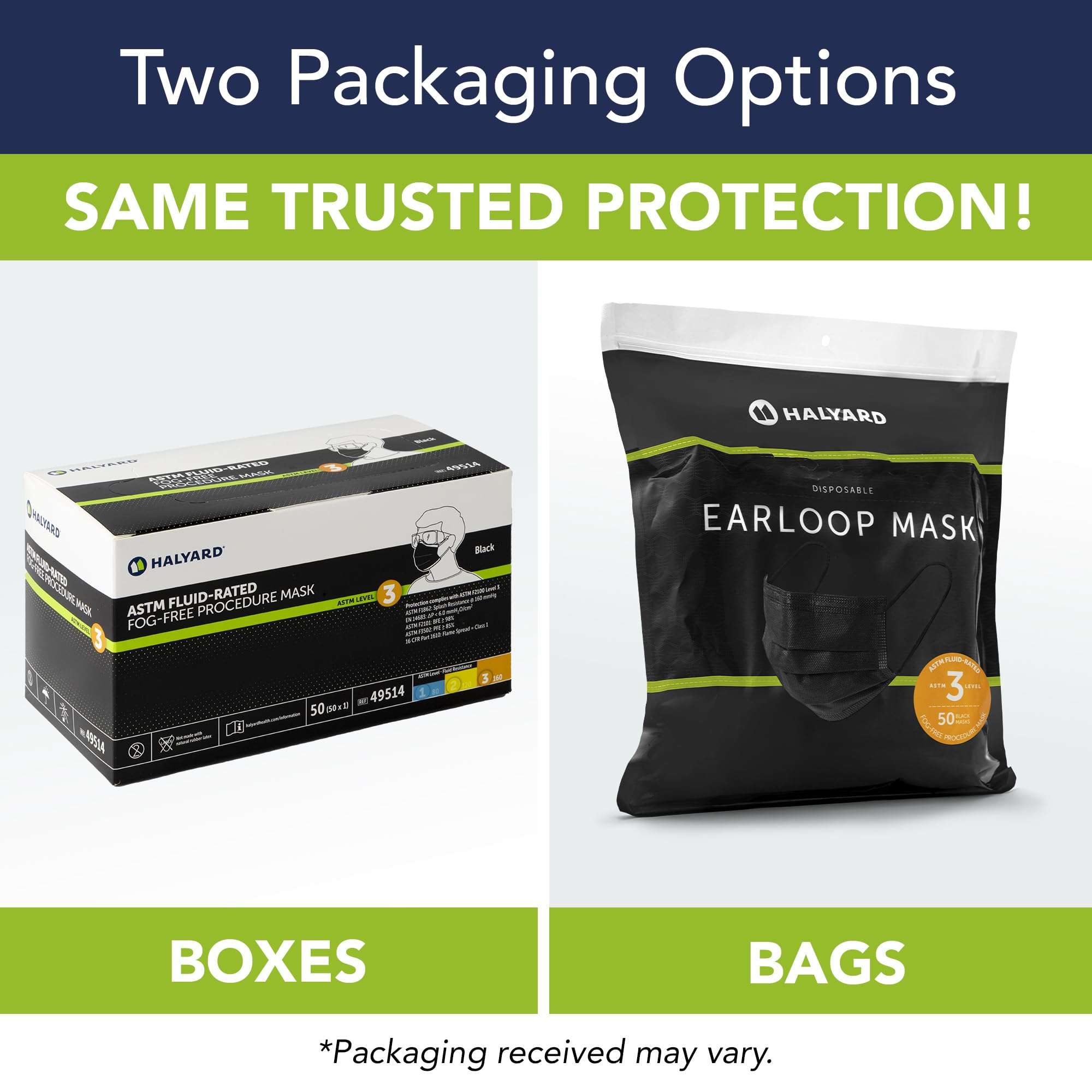 HALYARD Disposable Face Mask with Earloops, Fog-Free, Pleat Style, ASTM LEVEL 3 Procedure Mask, Healthcare, Medical, Dental – Black 49514 Bag of 50 3
