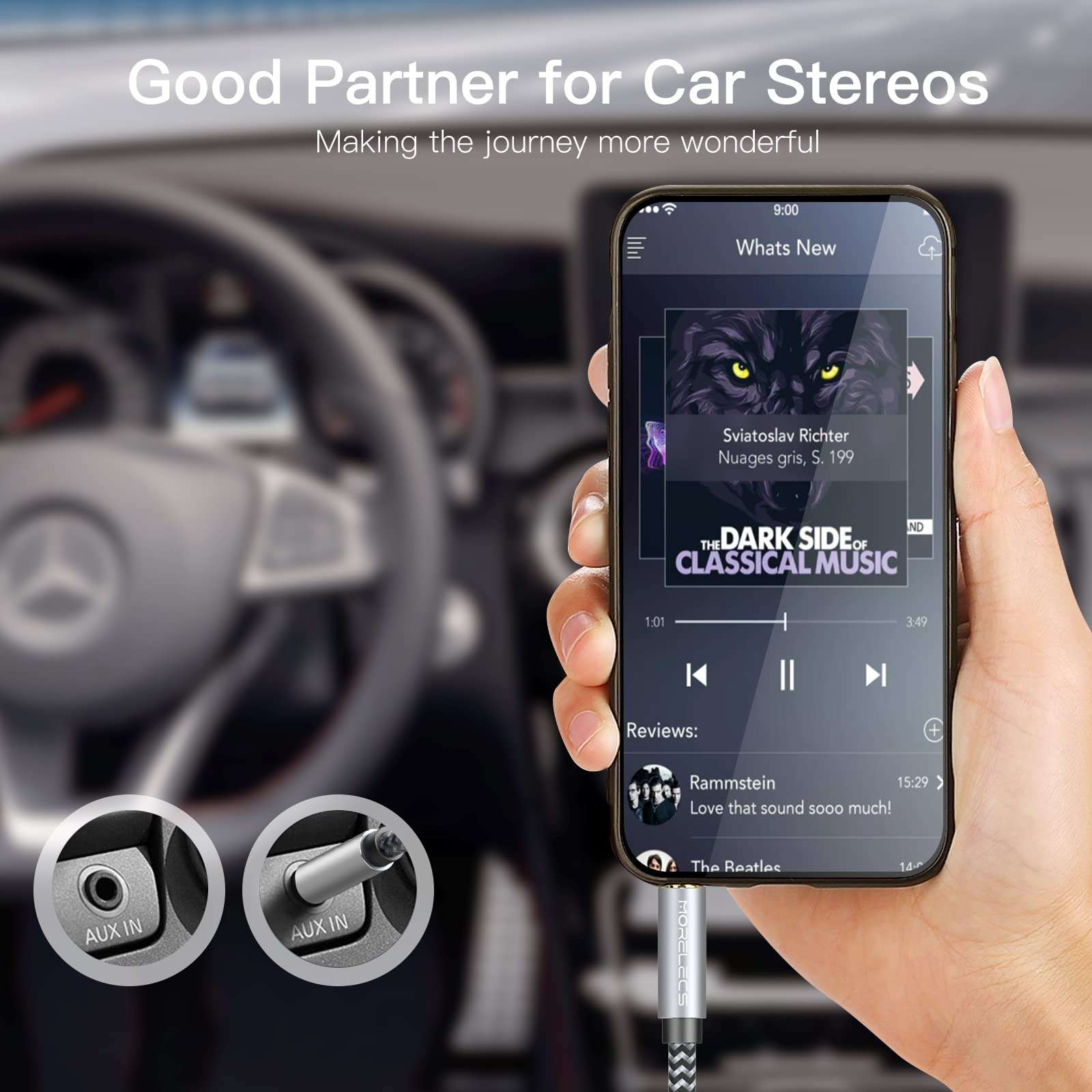 Morelecs AUX Cord 3.5mm Auxiliary Audio Cable AUX Cable 50ft Nylon Braided Male to Male 3.5mm Audio Cable Compatible for Headphones, iPods, iPhones, iPads, Home/Car Stereos and More 3