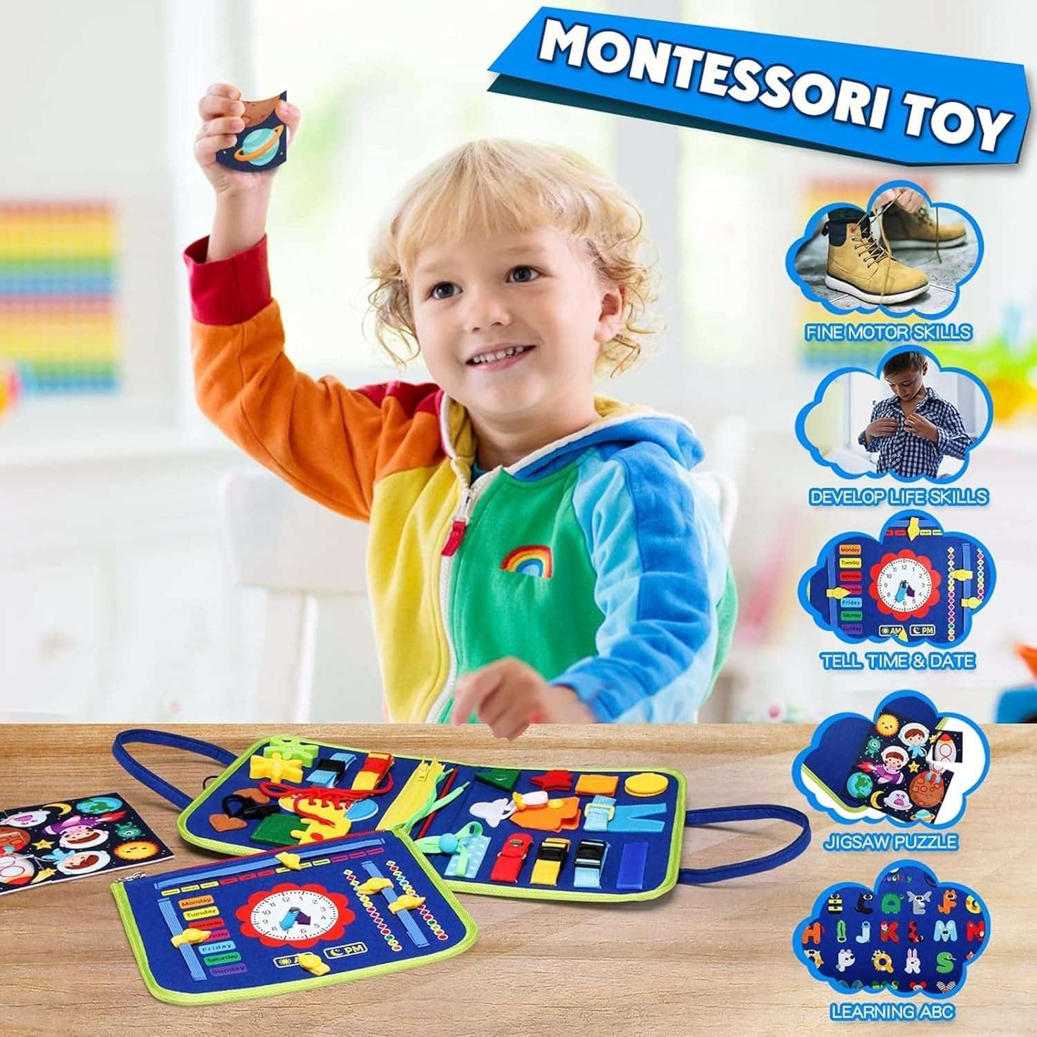 Montessori Busy Board for Toddlers | Sensory Activity Book for Kids Ages 1-4 | Fine Motor Skills Toy for Travel, Autism, Preschool Learning & Quiet Play | Educational Busy Book for Learning 6