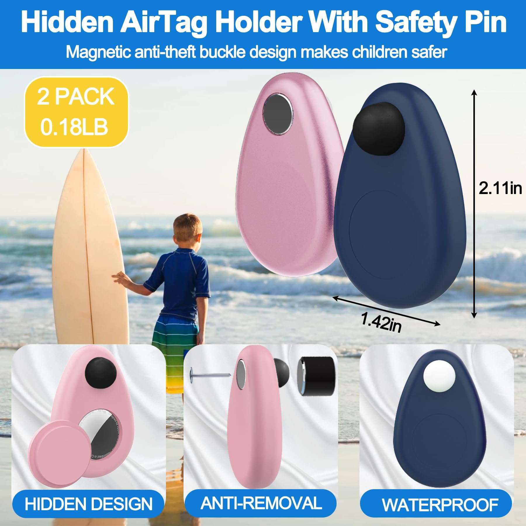 Waterproof AirTag Holder for Kids(2 PACK), Hidden AirTag Holder with Safety Pin, Anti-Theft GPS Tracker Case for Baby, Clothes, Luggage, Pet, Doesn't Dangle Anti-Removal(Blue,Pink) 3