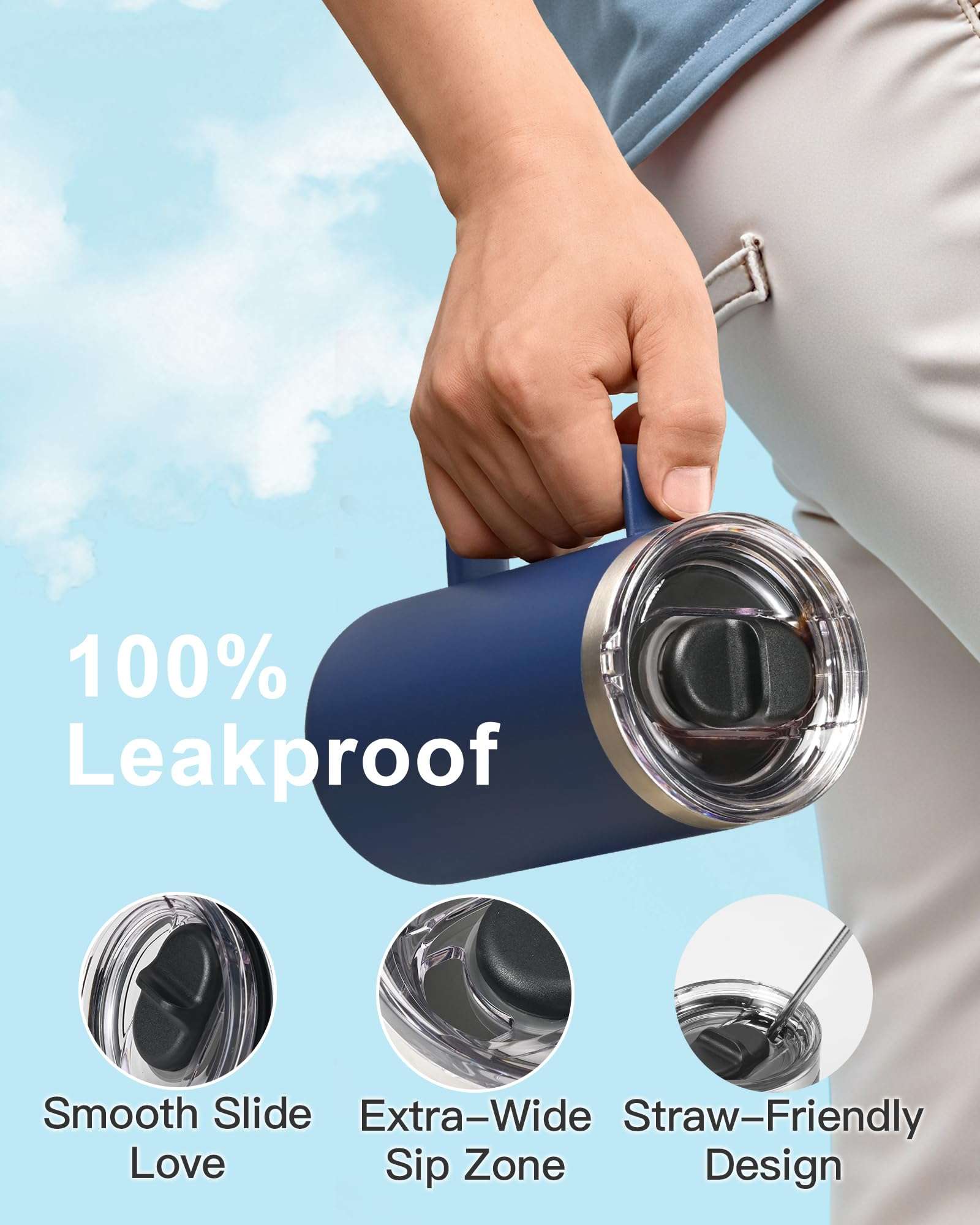 RAYMYLO Insulated Water Bottle 87oz (Navy Blue) + Insulated Coffee Mug 24oz (Navy Blue) 5