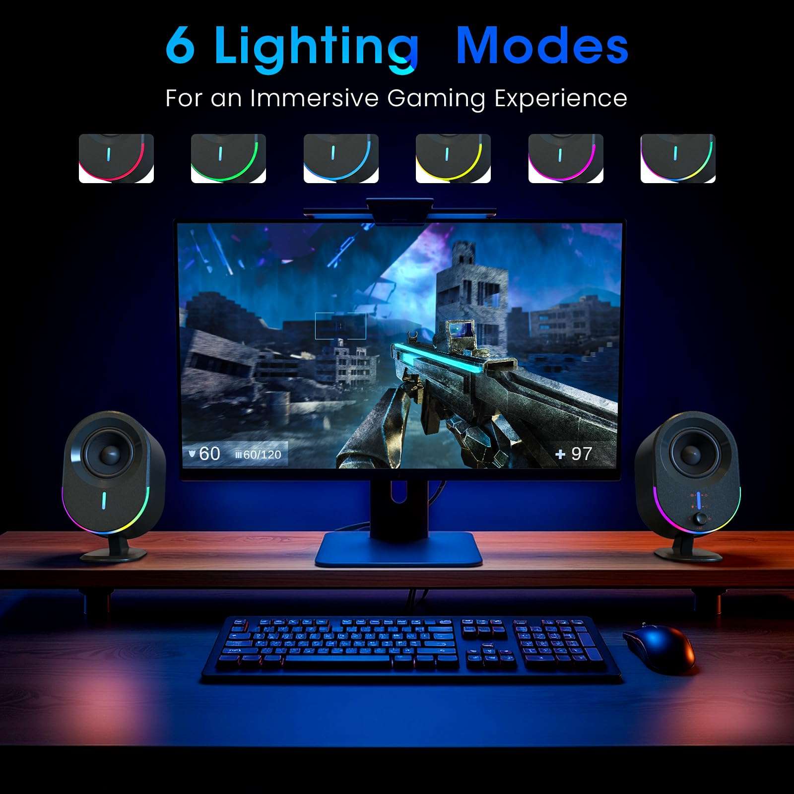 Littoak Computer Speakers, 2*15W Bluetooth Gaming Speaker, 2.0 CH PC Stereo with 6 LED Modes, AC Powered Speaker with 3 Equalizer Modes, Aux in/out, USB port Speakers for Laptop/Desktop/Tablets/Phone 6