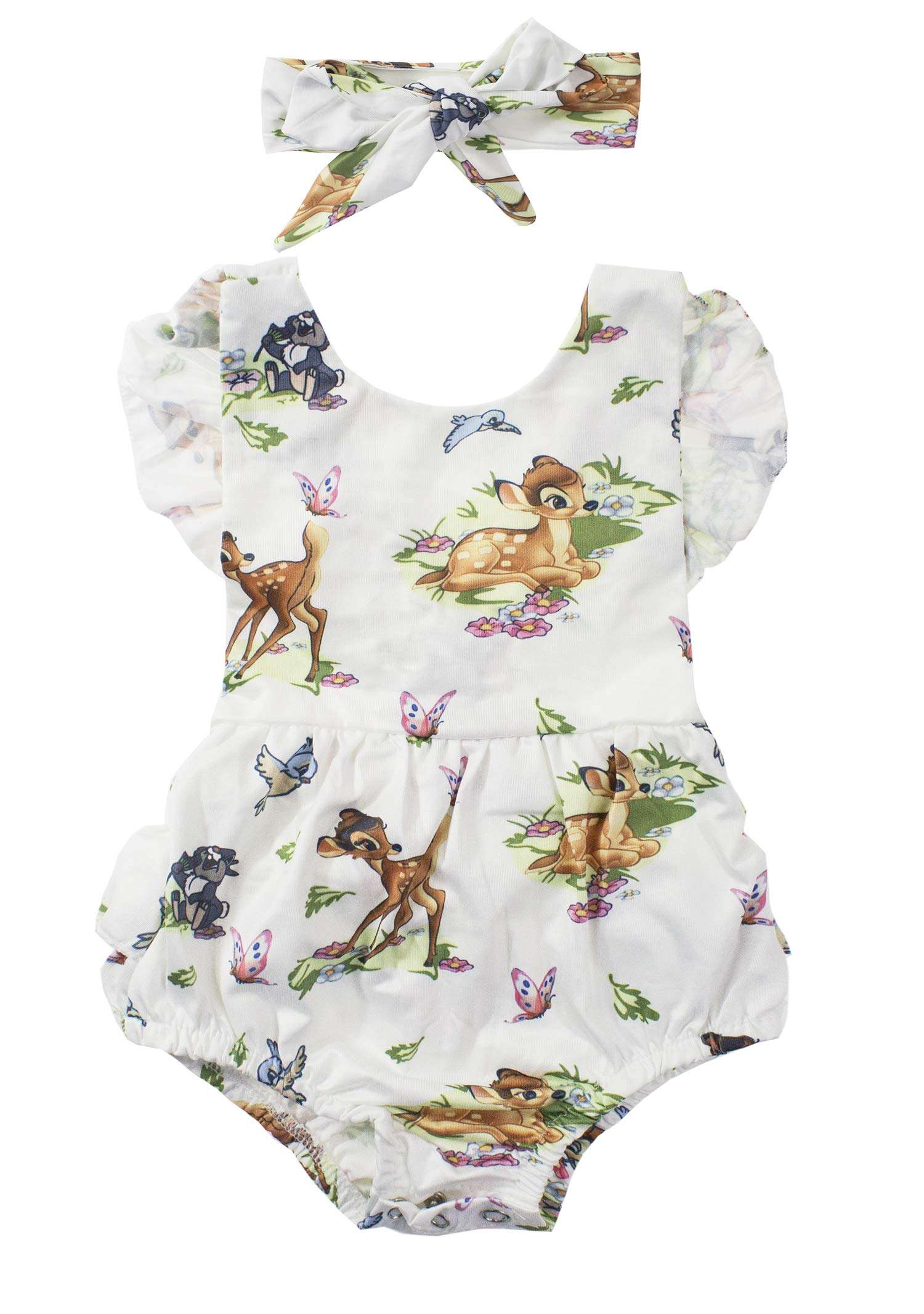 stylesilove Infant Baby Girl Ruffled Cap Sleeve Sunsuit Romper with Self-tied Headband 2pcs Outfit (White-Cross Backless, 100/12-18 Months) 1