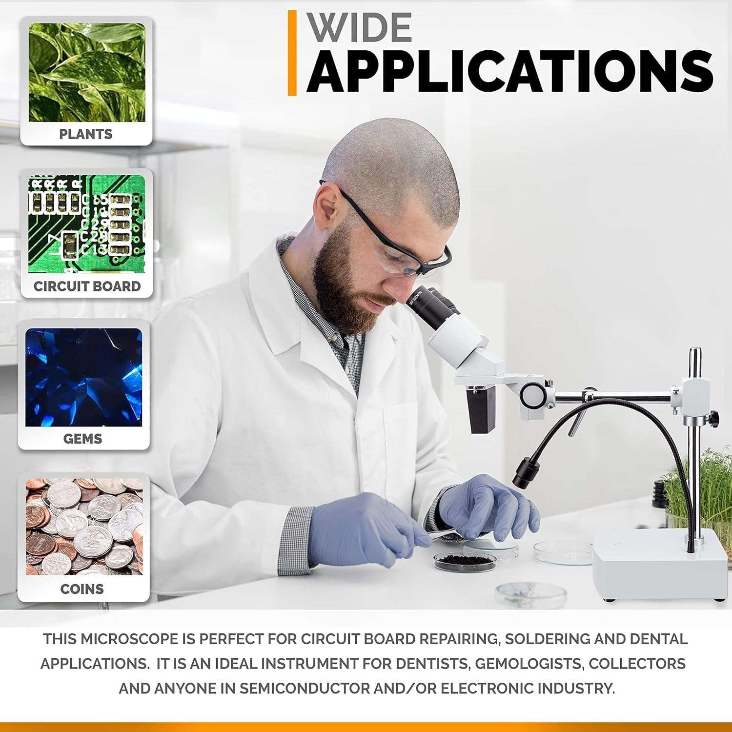 AmScope SE400 Professional Binocular Stereo Microscope, WF10x Eyepieces, 10X Magnification, 1X Objective, LED Lighting, Boom-Arm Stand, 110V-120V 4