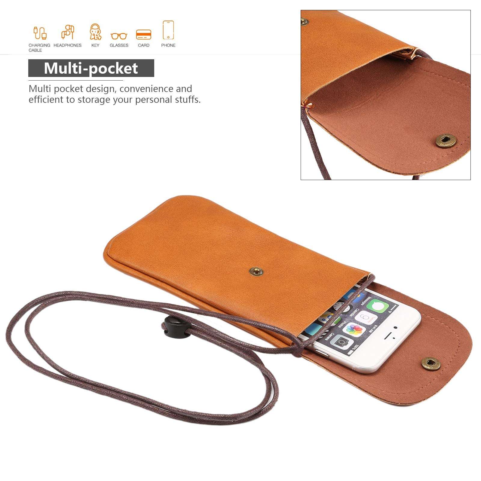 Cell Phone Neck Pouch, Techcircle PU Leather Carrying Bag with Credit Card Holder Adjustable Strap, Small Travel Purse for iPhone 11 XR XS Max SE 8 7 6 Plus, Galaxy S10 S7 Edge A10 J7, Moto G6 (Brown) 2