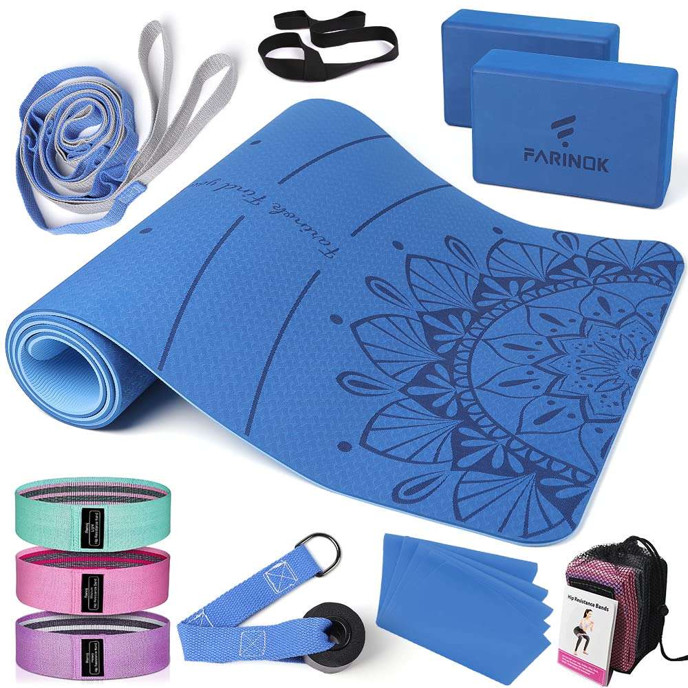 1/3 Yoga Mat Thick, Yoga Kit and Sets for Beginners Include High Density Yoga Mat with Multi-loops Yoga Strap, Blocks, Booty Resistance Band Set & Door Anchor (8MM, BLUE&LIGHT BLUE) 1