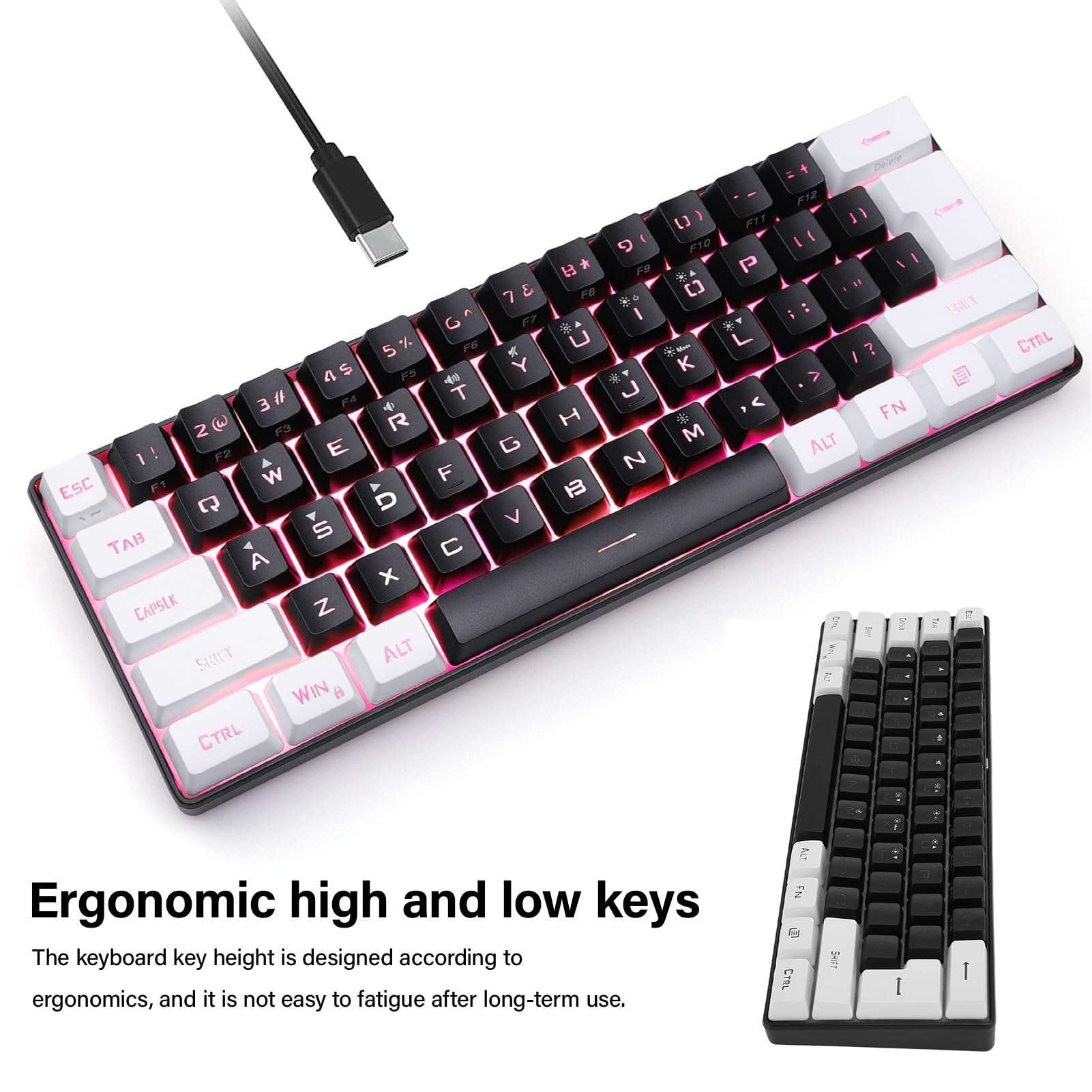 ASHATA 60% Wired Gaming Keyboard, 61 Keys RGB Backlit Ultra Compact Mini Keyboard, Ergonomic Merchanical Small Gaming Keyboard for Win, for OS X, Easy to Carry (Black) 5