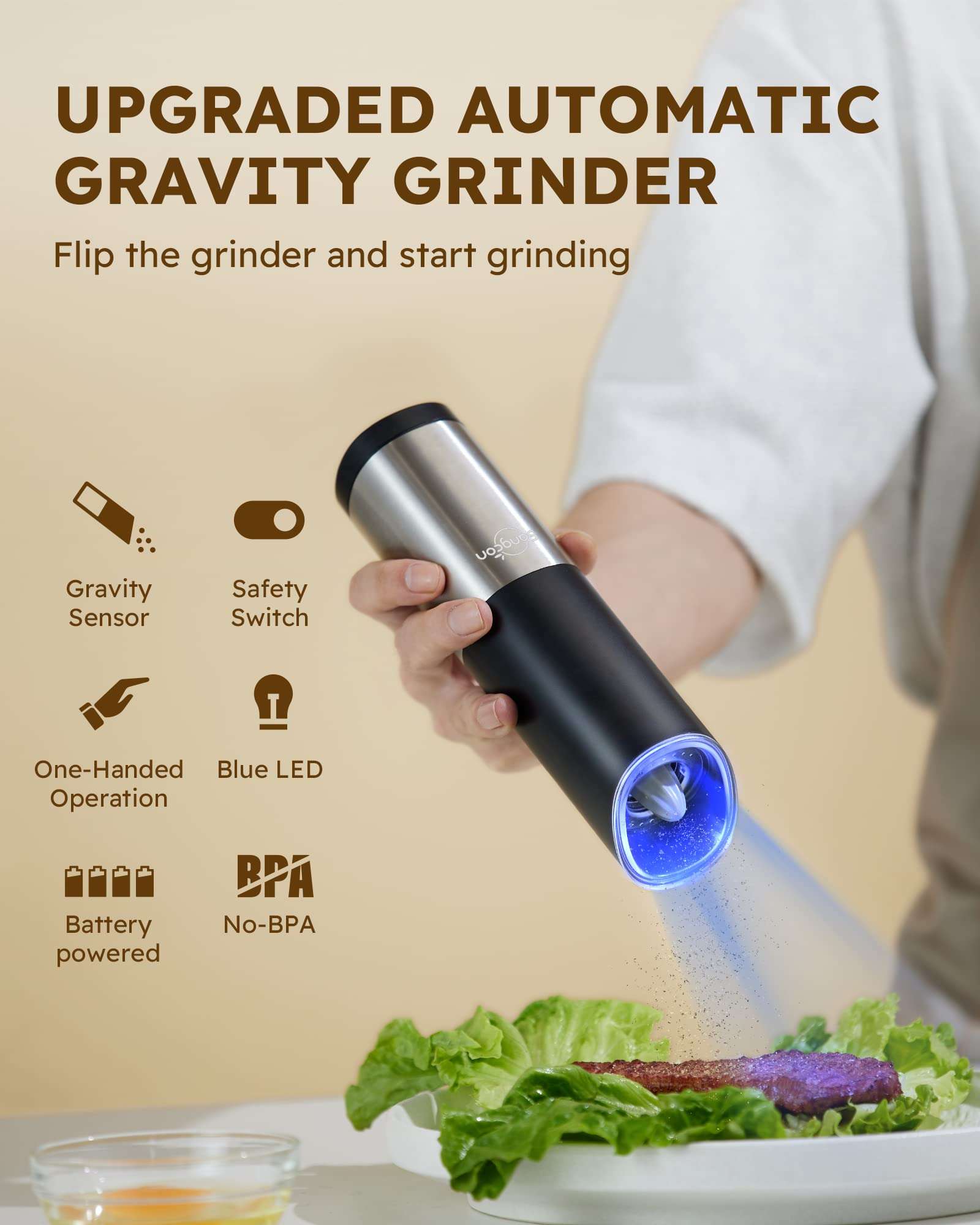Sangcon Gravity Electric Salt and Pepper Grinder Set With Safety Switch, Battery Powered Salt Shakers Mill with LED Light, Adjustable Coarseness, One Hand Automatic Operation 2