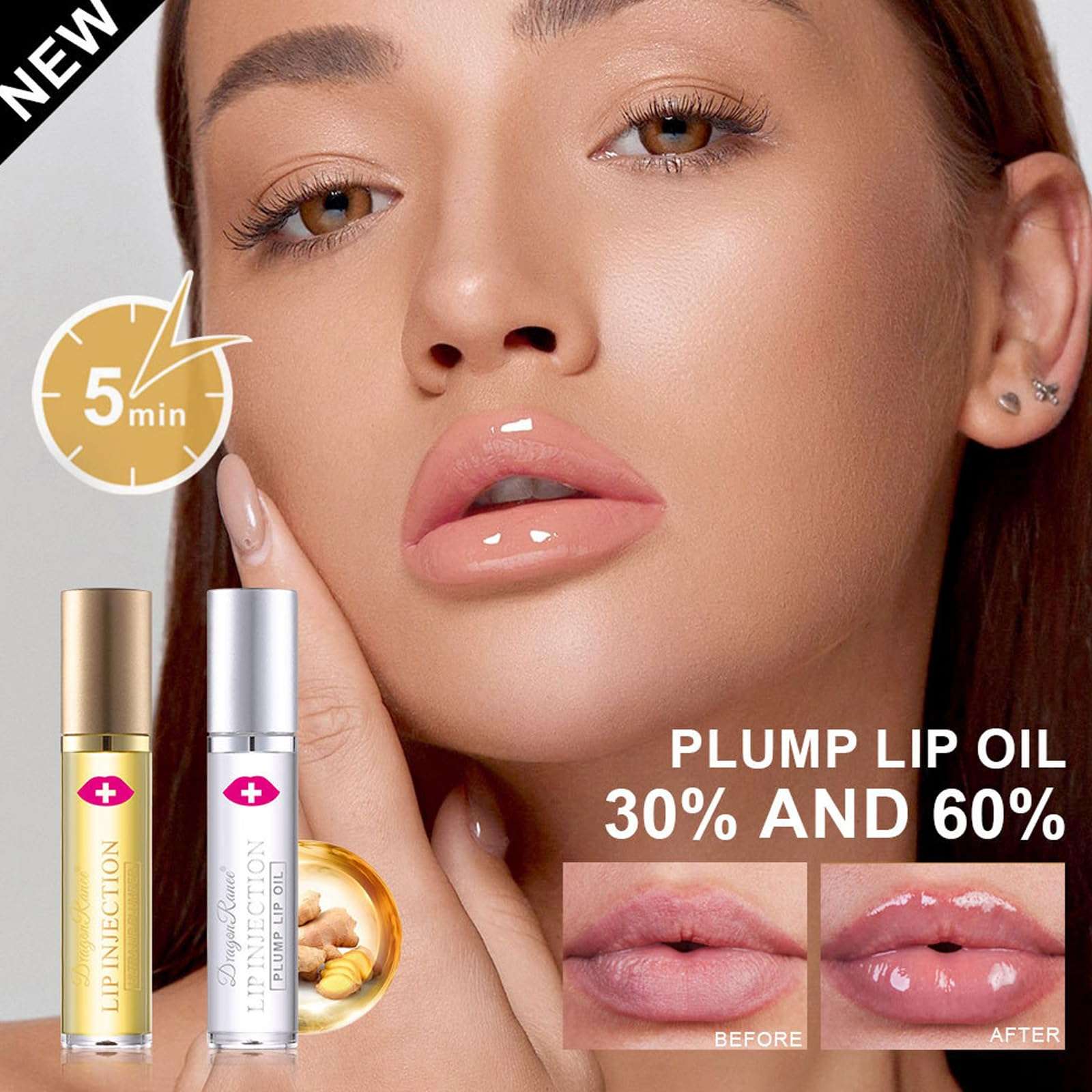 Hydrating Lip Plumper Gloss Set,Natural Ginger Essential Lip Care Oil Roll On,Plumping Lip Gloss for Chapped Cracked Dry Lips,Lip Enhancer Make Lips Fuller Moisturizing,Reduce Fine Lines (2pcs) 3