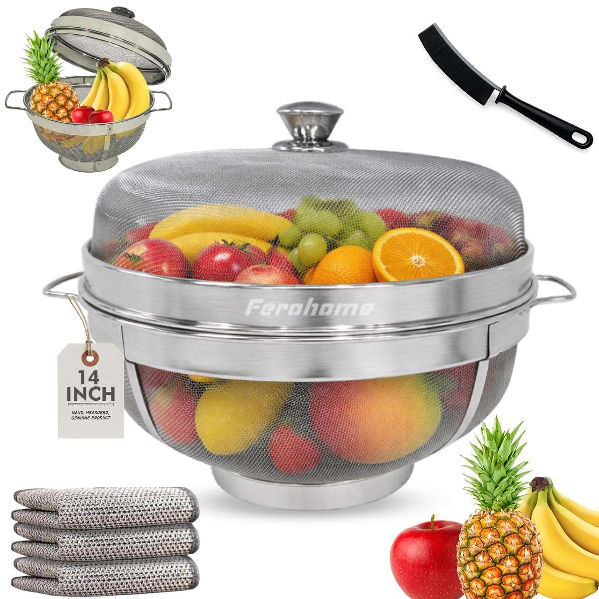 FEROHOME 14 Inch 304 Stainless Steel Fruit Basket with Lid|Includes Free Cleaning Brush and Multi Fiber Cloth|Fruit Storage Organizer for Kitchen & Dining|Fruit Bowls for Fruits,Vegetables,Bread (XXL) 1