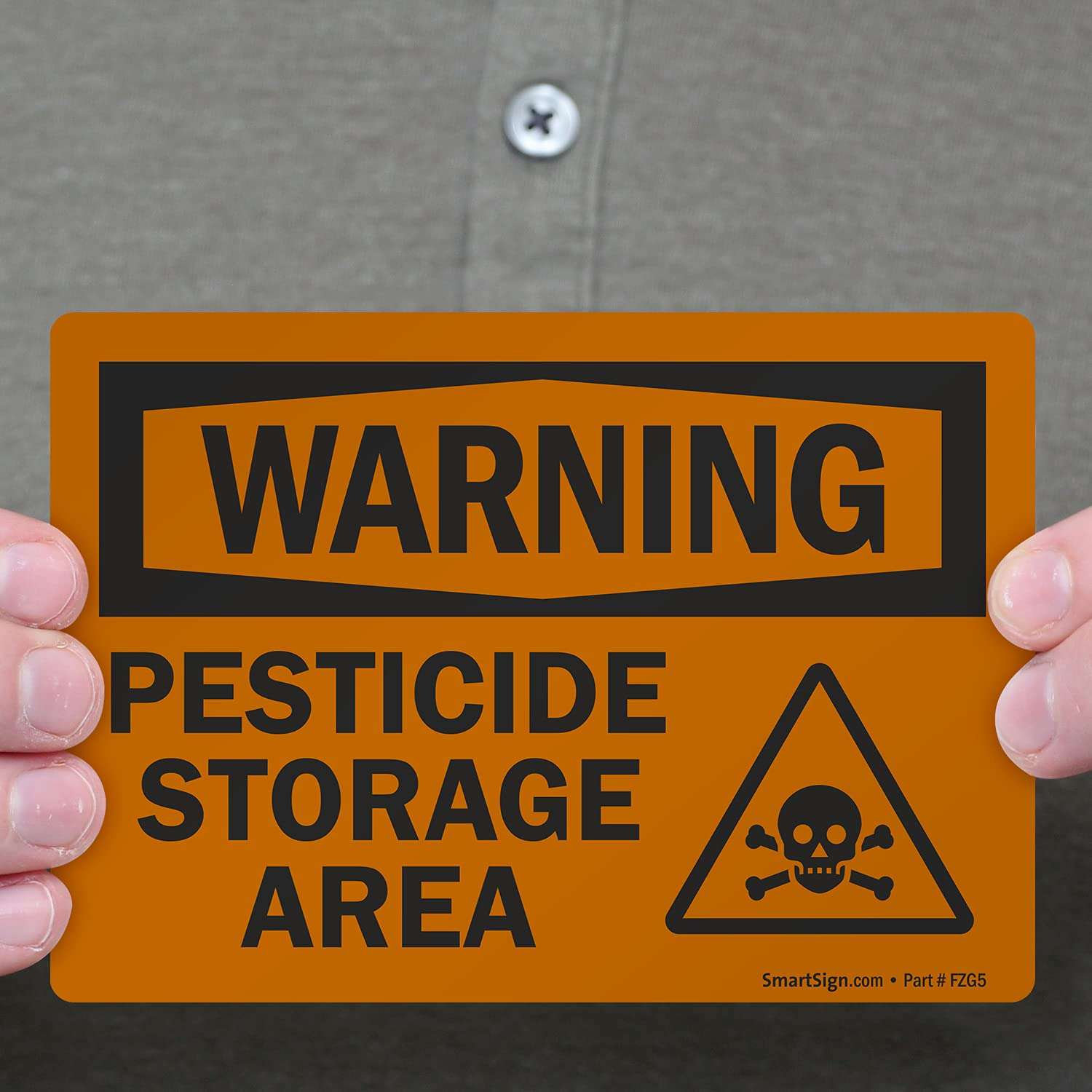 SmartSign 3.5 x 5 inch “Warning - Pesticide Storage Area” OSHA Label with Graphic, 3 mil Laminated Adhesive Polyester, Orange and Black 3