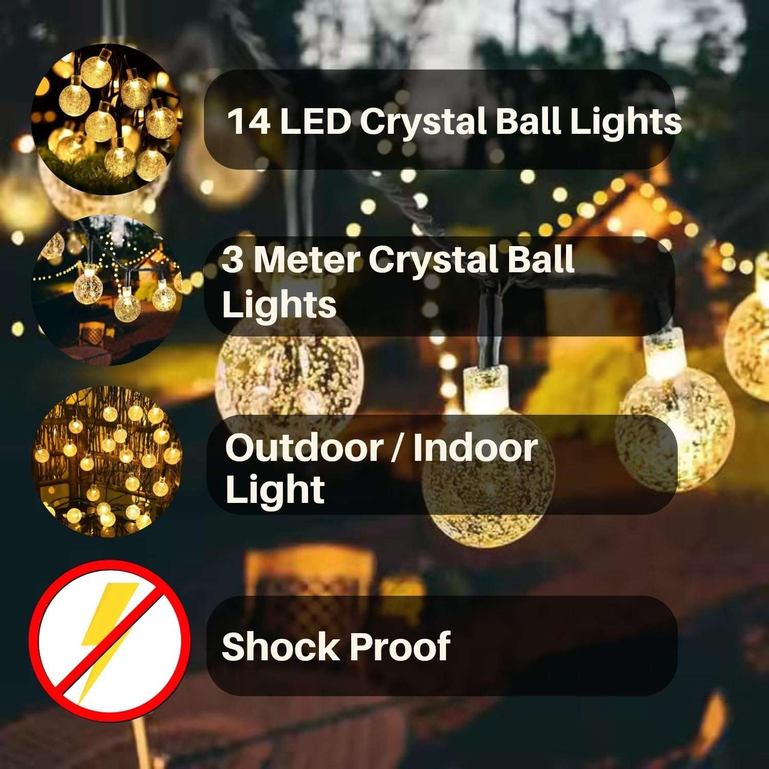 One94Store Crystal Ball String Lights – 14 LED, 3 Meter Warm White – Decorative Waterproof Fairy Lights for Indoor/Outdoor, Garden, Diwali, Christmas, Wedding, Party & Festival Decoration Pack of 1 6