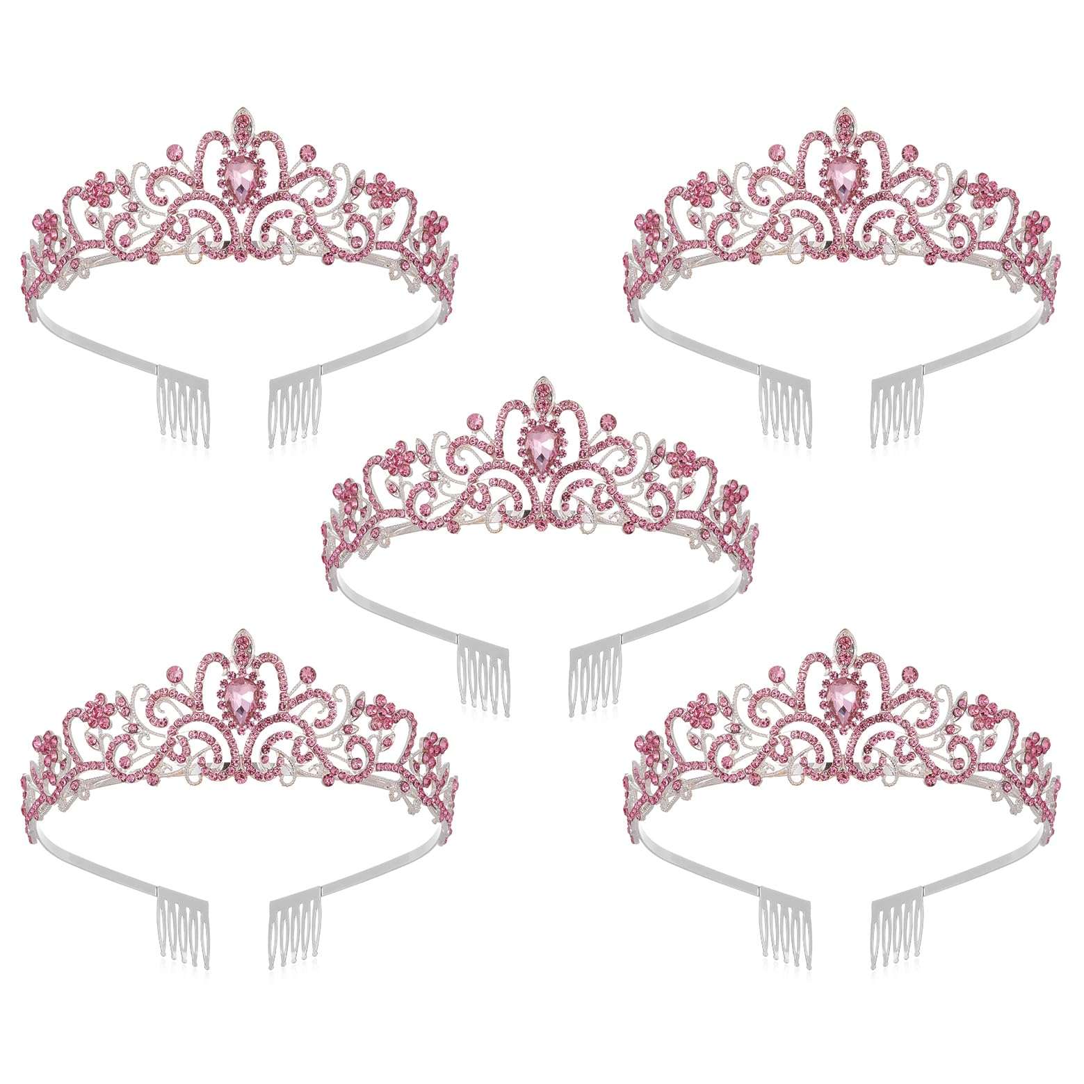 Tiara Crowns for Women Tiaras for Girls Princess Crown for Birthday Halloween Costume Bride Wedding Queen, Crystal (Pink/5 Pack) 1