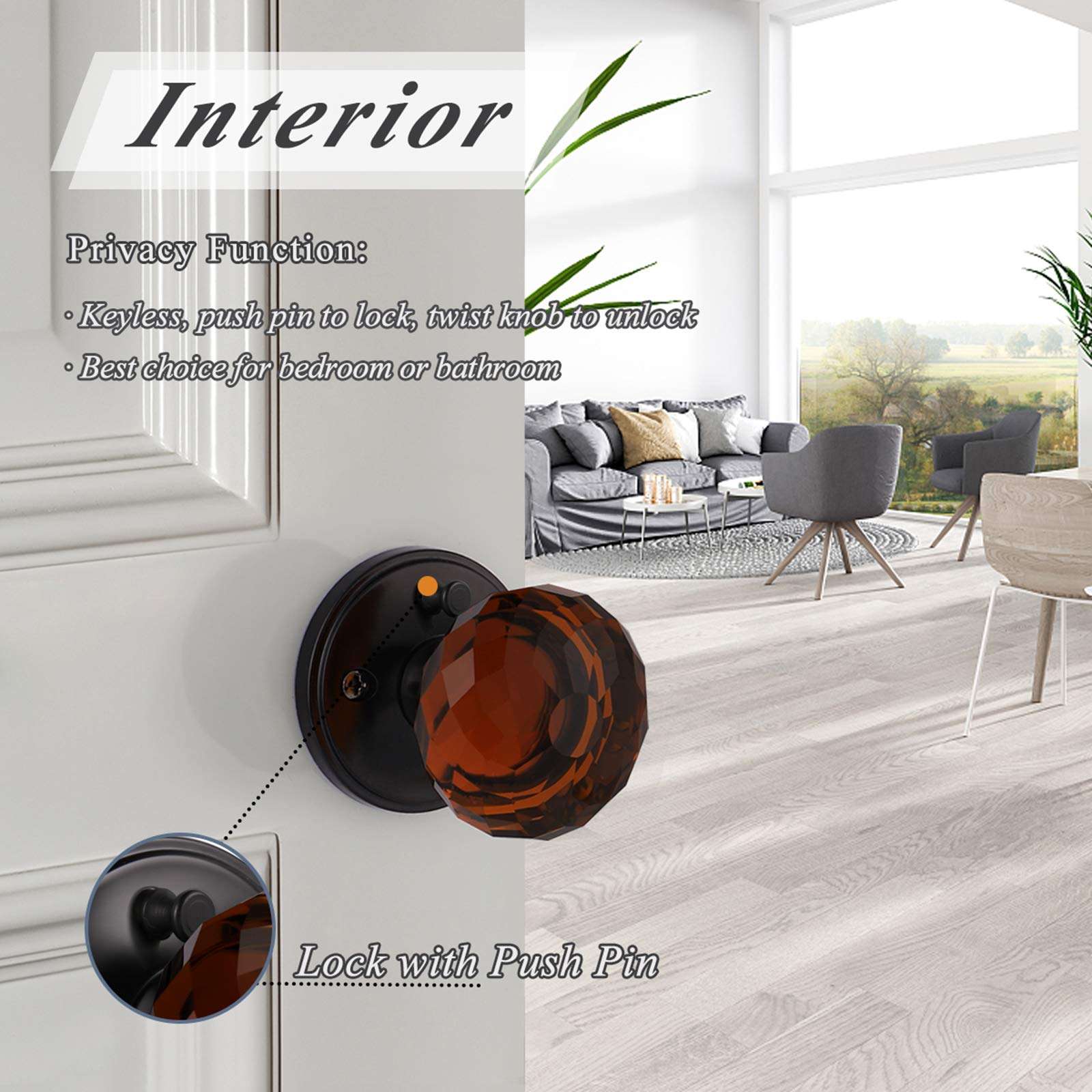 Probrico Privacy Door Knob with Lock for Bedroom and Bathroom 1 Pack, Keyless Crystal Door Knobs Interior, Heavy Duty Glass Door Knobs with Black Round Rosette 4