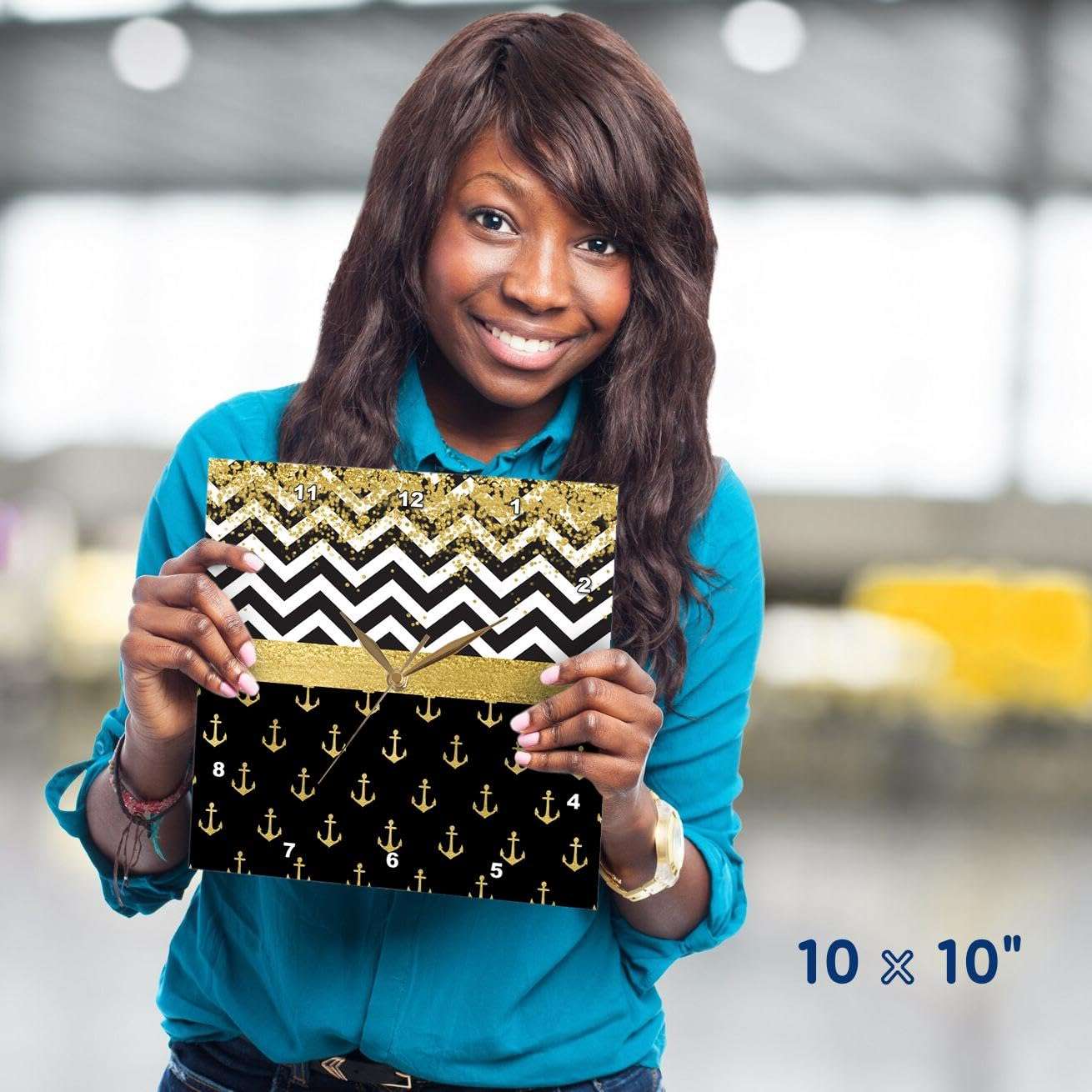 3dRose Wall Clock Silent - 10 inch - Image of Glam Black, White, Gold Faux Glitter Chevron Stripes, Sailing Anchors - Patterns 5