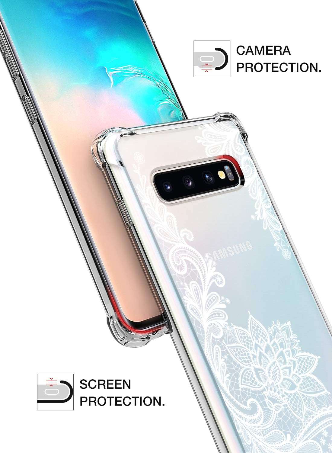 KIOMY Clear Case for Samsung Galaxy S10+ / S10 Plus, Airbag Corners Shockproof Bumper Protective Phone Cover, Hybrid Design Hard PC Back with Flexible TPU Frame Lace Flower Floral Design 5