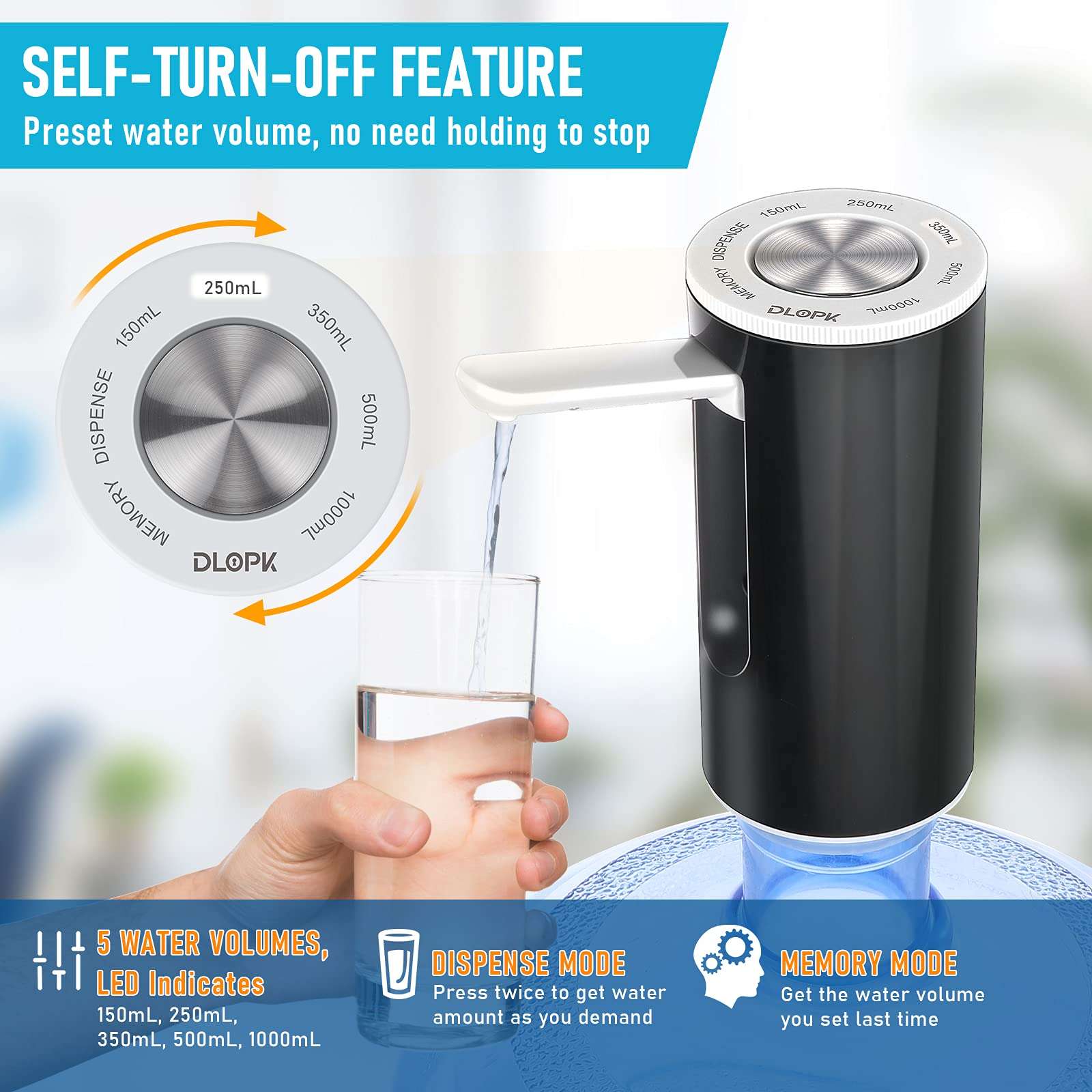 Water Bottle Pump, 2000mAh Battery USB Water jug Pump for 5 Gallon Water Pump,Portable Automatic Water Dispenser Pump for Home Office RV Camp (Foldable) Black 2