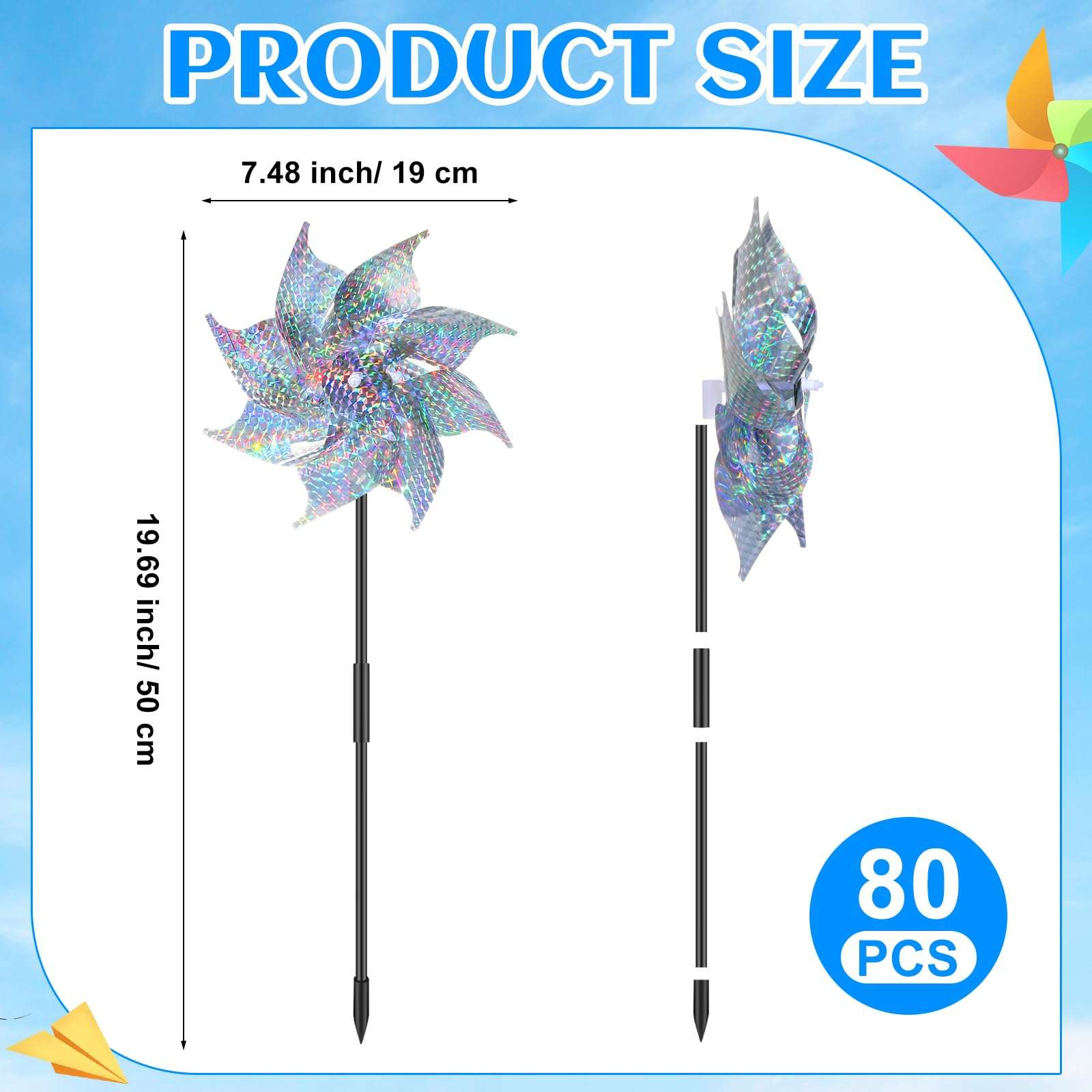 Qualirey 80 Pieces Reflective Pinwheels with Stakes Wind Spinner for Garden Decor Bird Repellent Devices Outdoor Silver Sparkly Windmills to Scare Birds Away from Outside Garden Yard Patio Farm 3