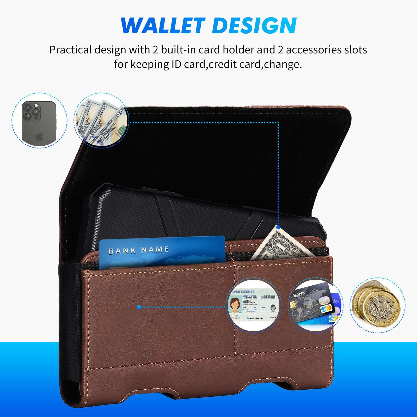 Mopaclle Phone Holster for Samsung Galaxy S24+S23+ S22+ A12 A13 A12 A32 A02 A03 A50 A73 A53 A33, iPhone 15 Pro Max 14 Pro Max XS Max Leather Belt Clip Loops Phone Pouch Card Holder Case,Brwon 3