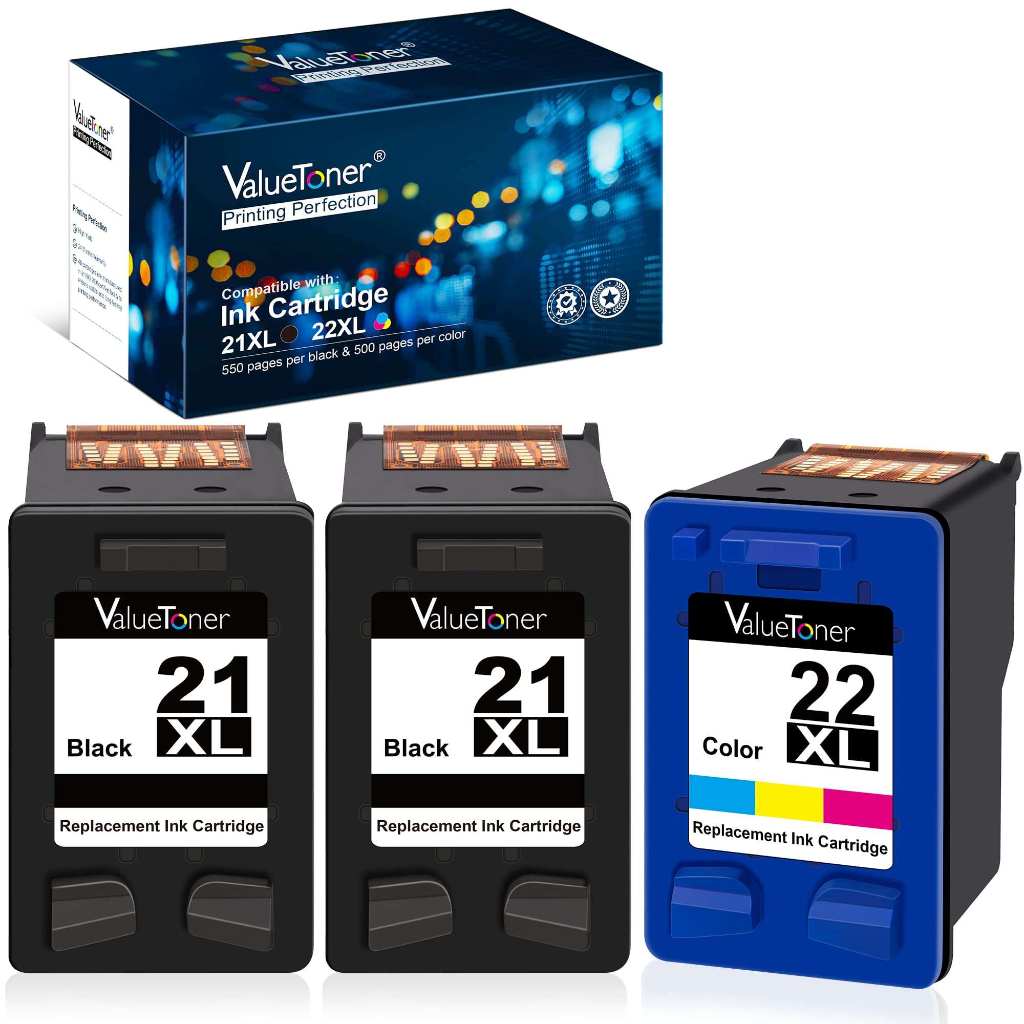 Valuetoner Remanufactured Ink Cartridge Replacement for HP 21 XL 21XL 22 XL 22XL C9351AN & 22 C9352AN for DESKJET F4180 F2210 D1560, OFFICEJET 4315 J3640, FAX 3180, PSC 1401 (2 Black, 1 Tri-Color) 1
