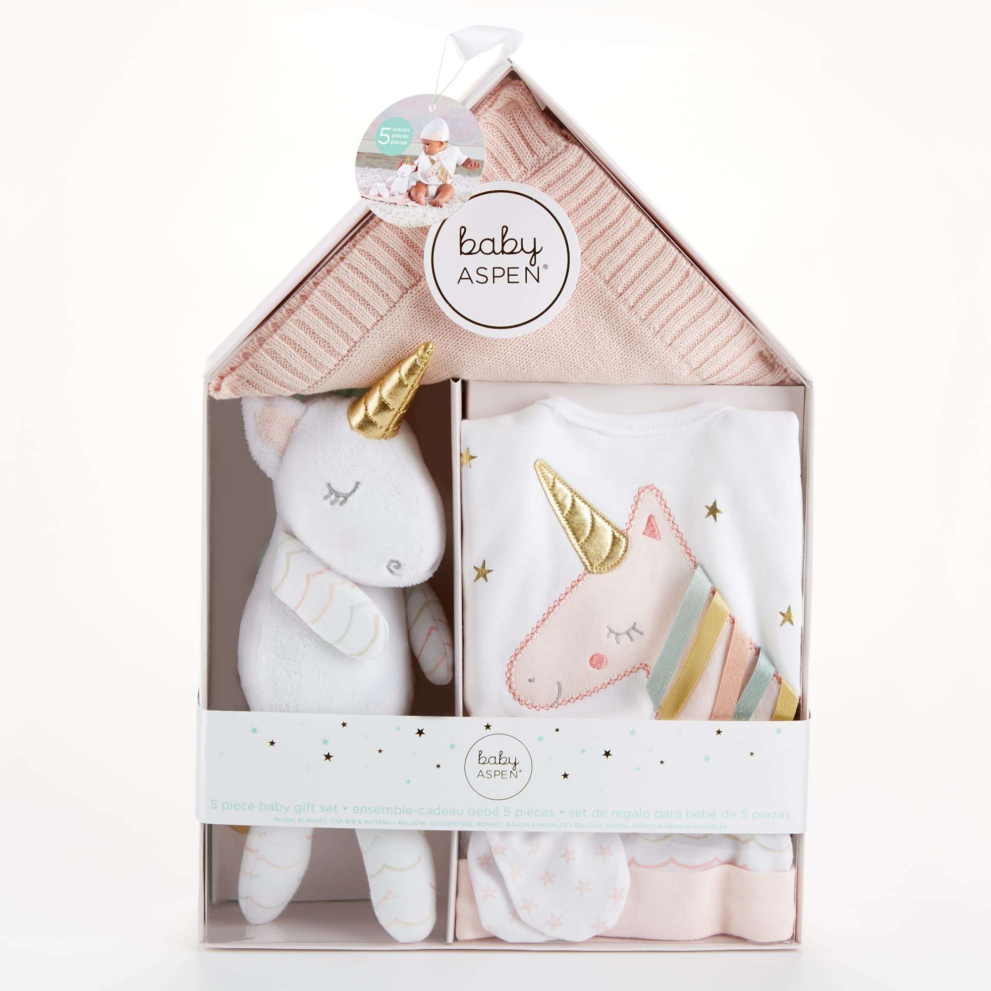 Baby Aspen Simply Enchanted Unicorn 5-Piece Welcome Home Gift Set, Light & Dark Pink/White/Aqua/Gold 3
