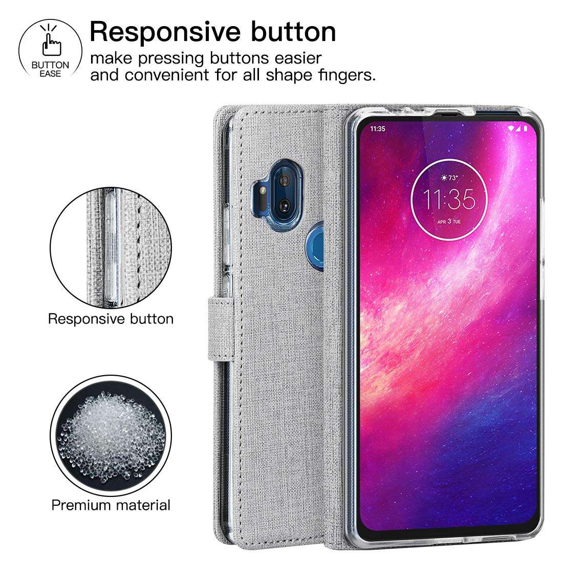 Foluu Motorola One Hyper Case, Wallet Case Cover Card Holster Canvas Flip/Folio Soft TPU Cover Bumper with Kickstand Ultra Slim Strong Magnetic Closure for Motorola One Hyper 6.5 inch 2019 (Gray) 6
