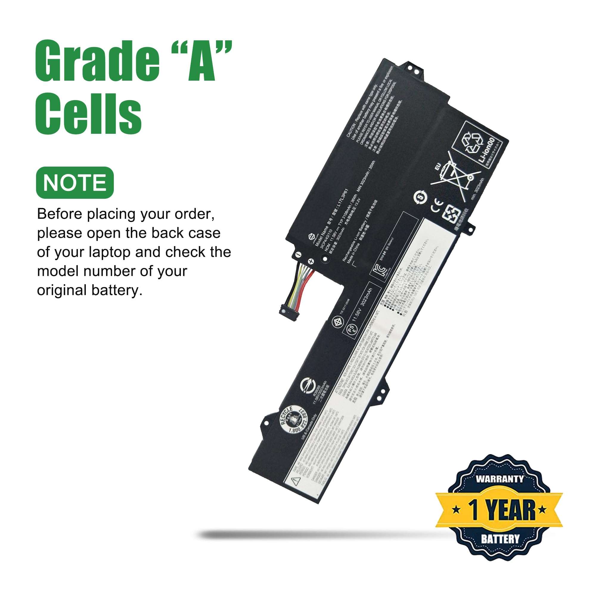 JIAZIJIA L17L3P61 5B10N87357 Laptop Battery Replacement for Lenovo IdeaPad 320S-13IKB Yoga 720-12IKB 330-11IGM Flex 6-11IGM Series Notebook L17M3P61 5B10N87358 L17C3P61 5B10N87359 11.58V 36Wh 3108mAh 3