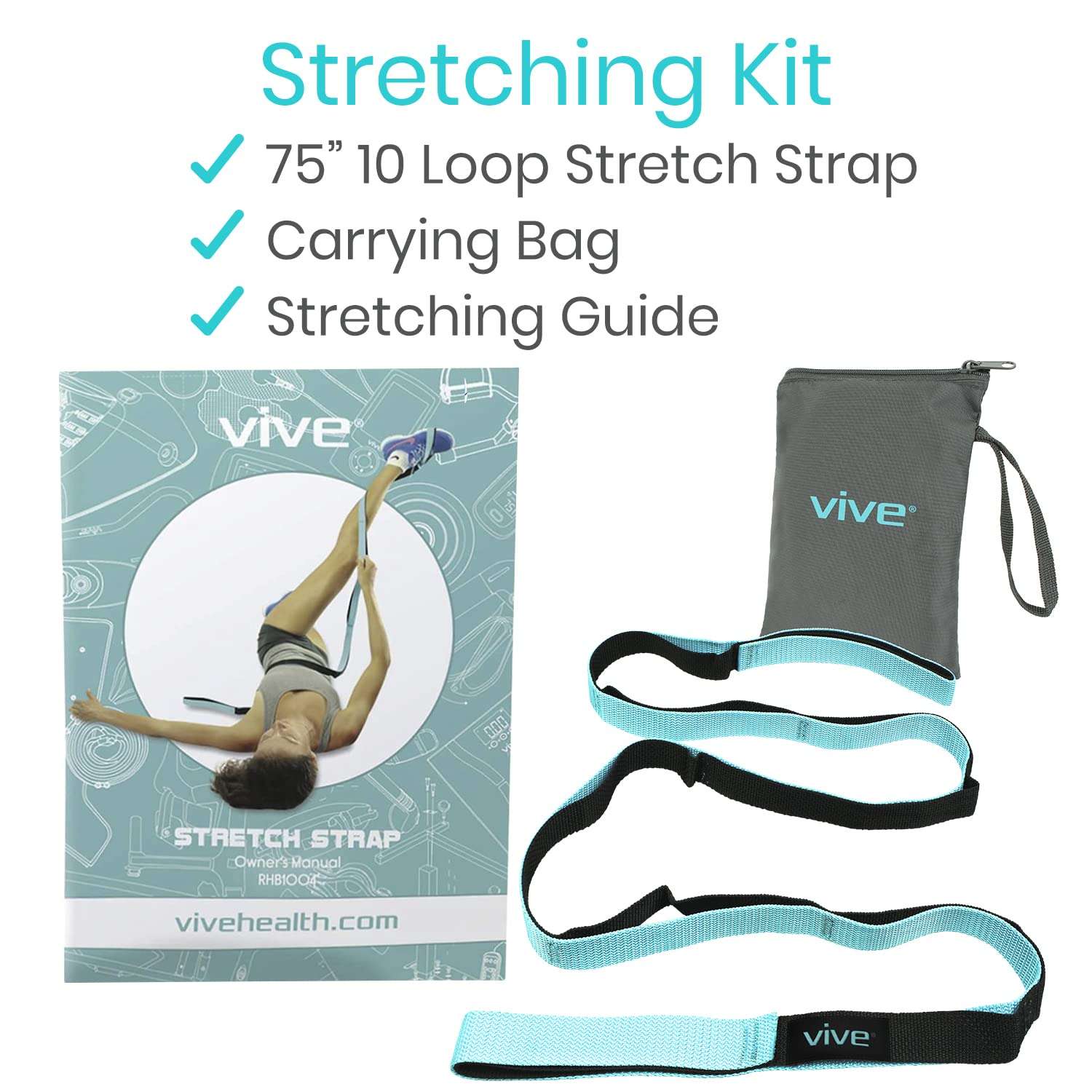 Vive Stretch Strap - Leg Stretch Band to Improve Flexibility - Stretching Out Yoga Strap - Exercise and Physical Therapy Belt for Rehab, Pilates, Dance and Gymnastics with Workout Guide Book (Teal) 3