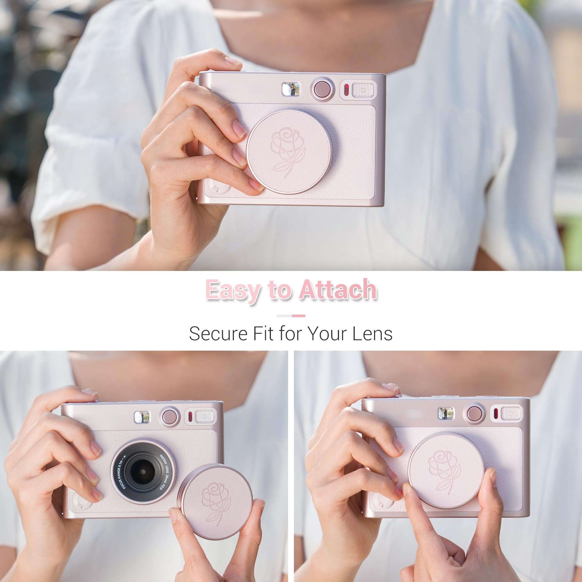 Pink Lens Cap for Fujifilm Insta Mini EVO, Retro Leather Aluminum Anti-Dust Anti-Scratches Lightweight Camera Lens Cover with Rose Pattern, Accessories for Fuji Mini Evo Lens Protection Cover 6