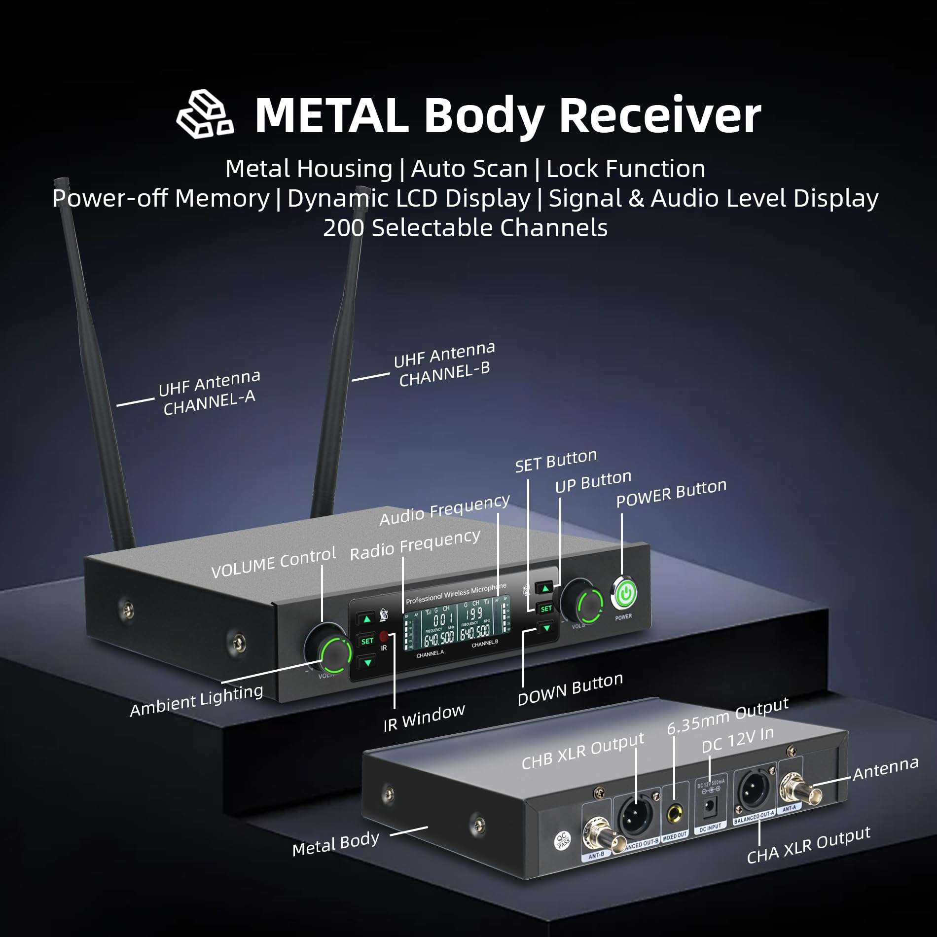 Professional Wireless Microphone System, 500ft Long Range 2.4G Cordless Mic Set with 40H Playtime, Rechargeable Dynamic Microphones Memory Function for Karaoke Singing, DJ, Church, Party, Wedding 4