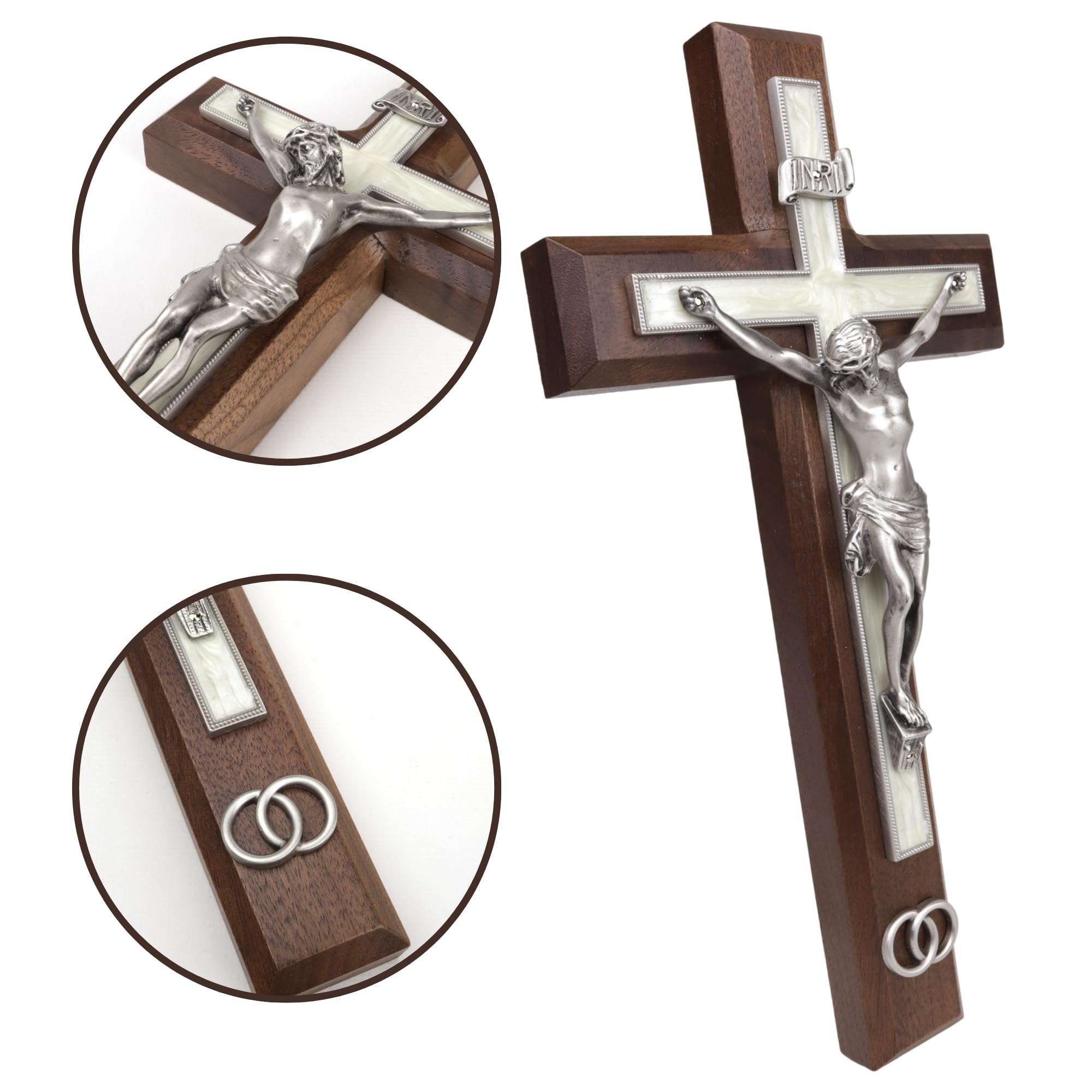 Needzo Walnut Wood Crucifix with Pewter Corpus and Wedding Rings, Marriage Gifts for Couples, Religious Ceremony, 10 Inches 5