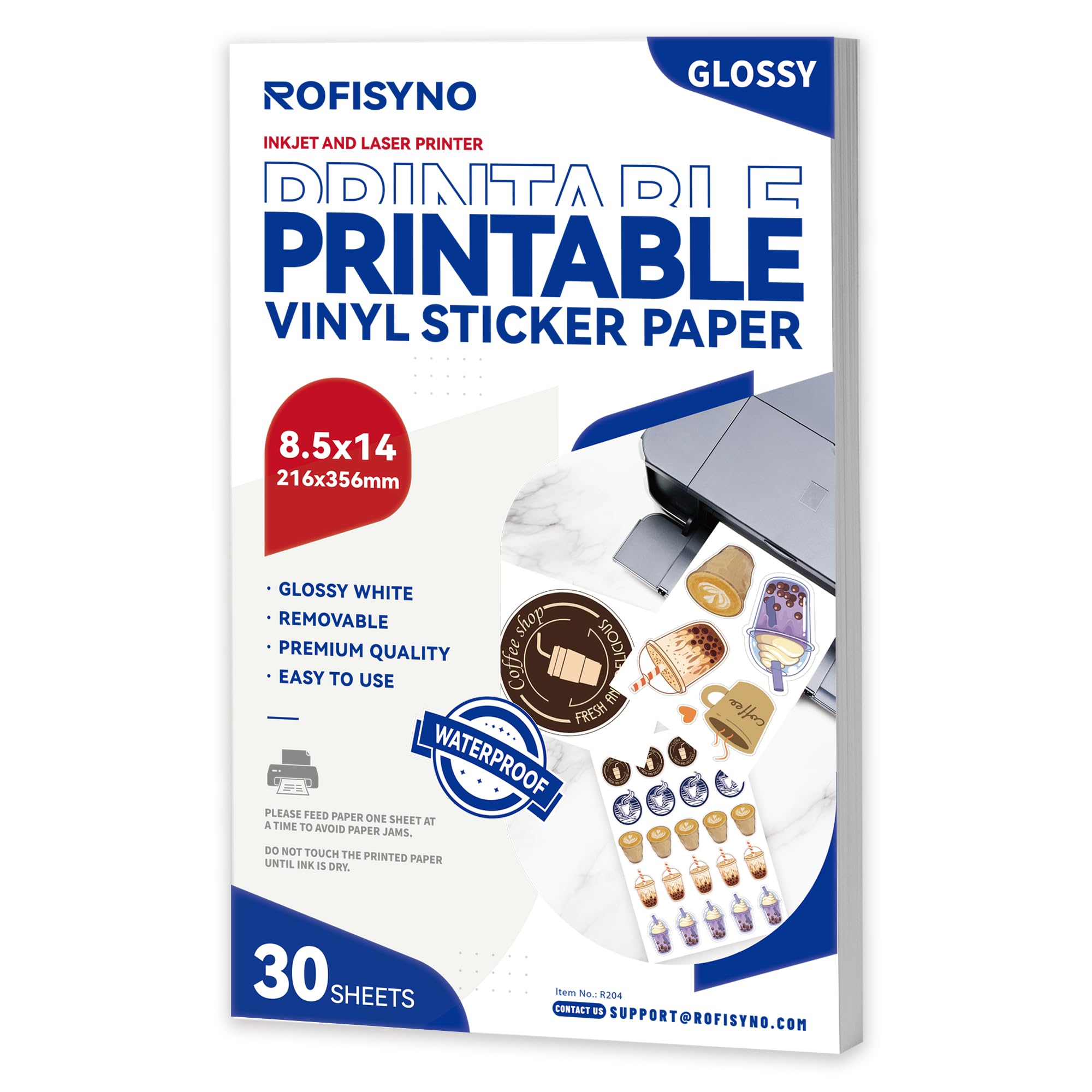 8.5x14 Printable Vinyl Sticker Paper Waterproof, Removable Self Adhesive Vinyl Sticker Sheets for Inkjet and Laser printer, 30 Pack, Legal Size, Glossy White