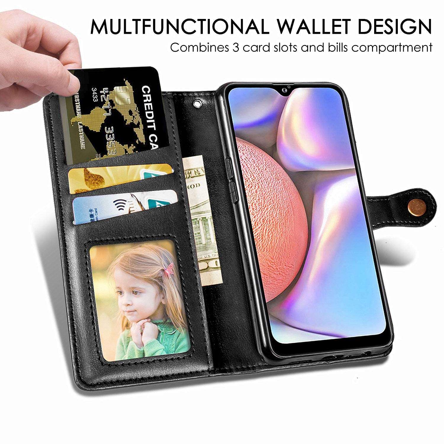 Phone Case Design for Samsung Galaxy A10S/M01S Wallet Case with Stand Kickstand Credit Card Holder for Women Men Girls, Samsunga10s A 10 A10 10S Rugged PU Leather Flip Folio Protective Cover Black 3