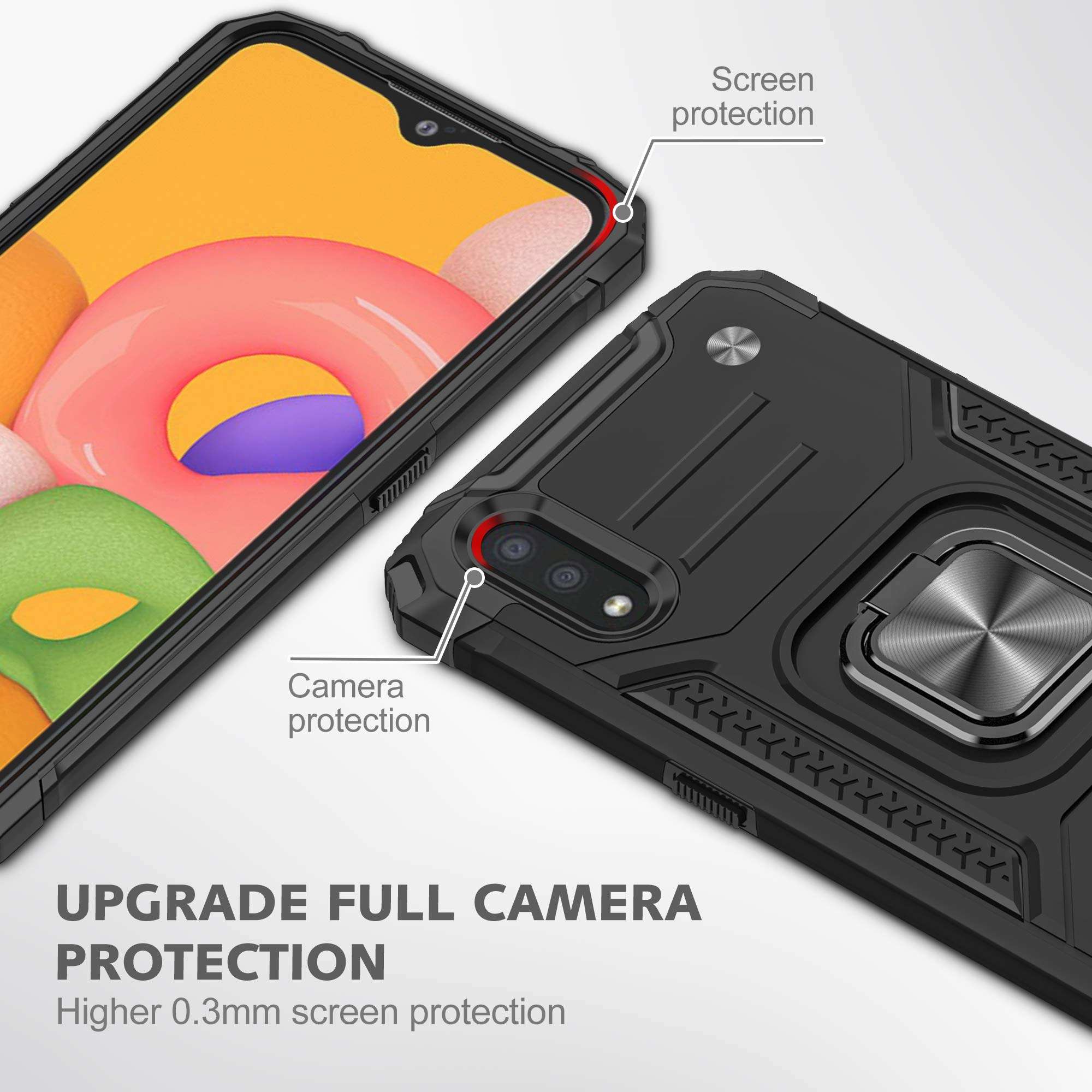 LEEGU for Samsung Galaxy A01 Case, Military Grade Heavy Duty Armor Protection Phone Case 15ft. Drop Tested Cover with Magnetic Ring Kickstand and HD Screen Protector for Samsung A01, Black 2