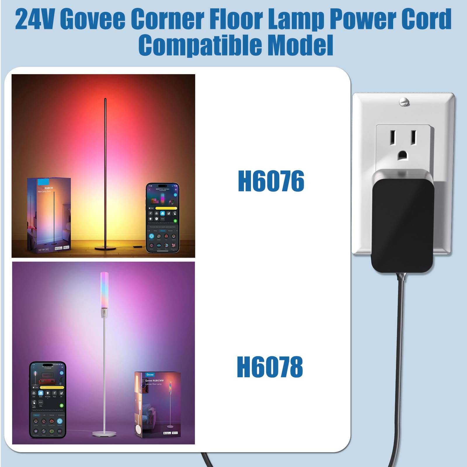 24V Corner Floor Lamp Power Cord for Govee LED Lights 16 Million DIY Colors ‎H6076 H6078 Power Adapter for Govee Room Floor Lamp AC Power Supply 3