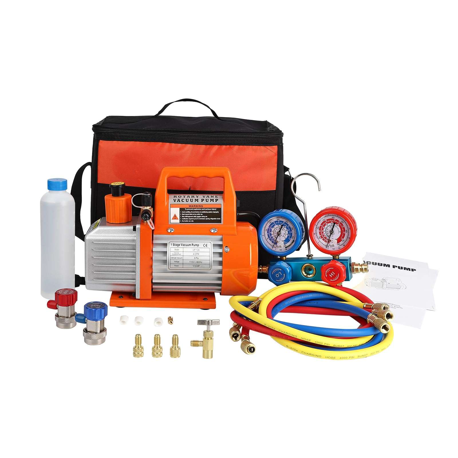 GARVEE 110V 1/3 HP 4CFM Single Stage Rotary Vane Air Vacuum Pump and R134a AC Manifold Gauge Set Kit with Carry Bag for HVAC Air Conditioning Refrigeration Recharging ETL Listed 1