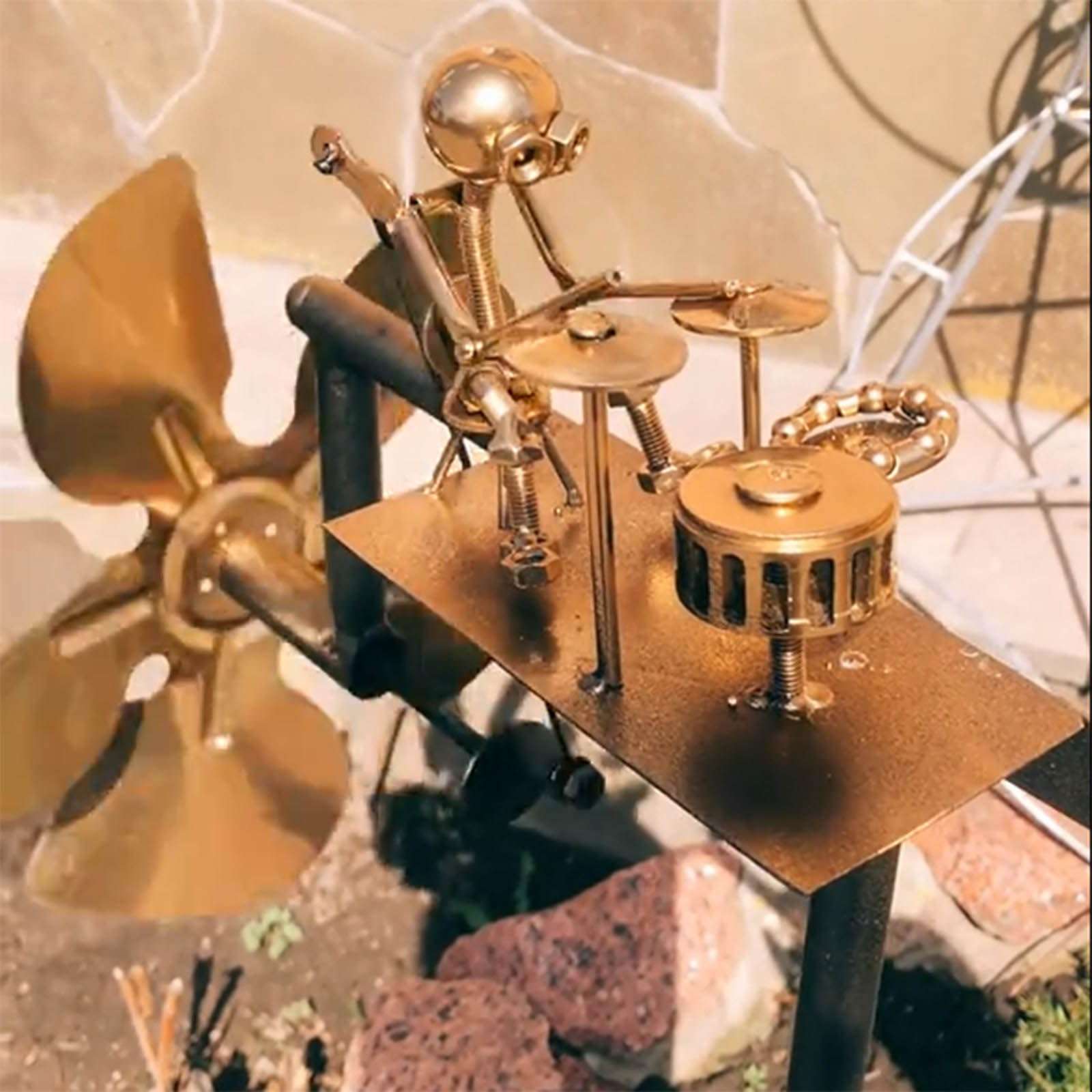 Handmade Metal Drummer Windmill, Percussionist Music Figurines and Statues, Rockin Art Figurine, Wind-Powered Kinetic Sculpture, Wind Spinners Novelty Lawn Garden Patio Decor, Drummer Decor (2 Sets) 5