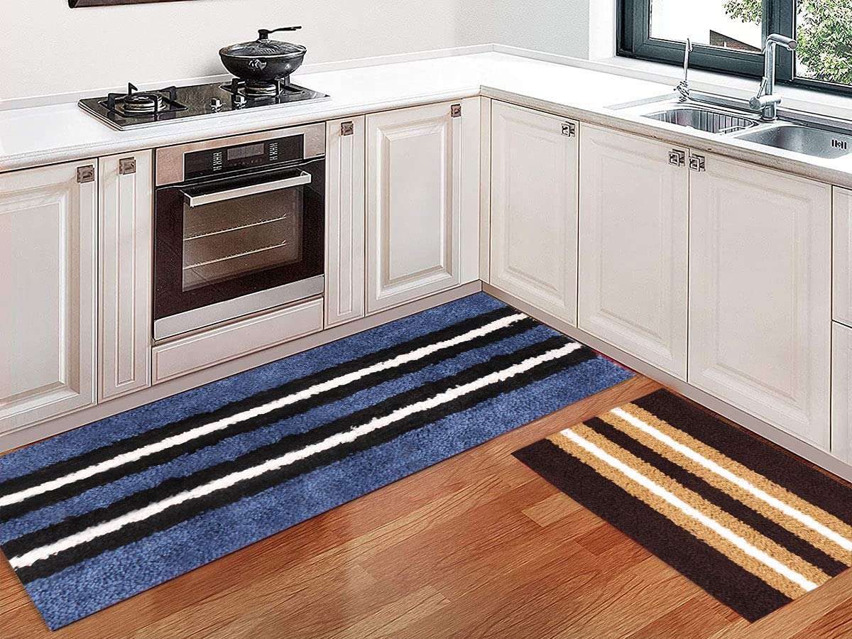 Flooring India Co. Kitchen Mat Super Soft, Anti Slip Stripe Mats (Blue+Chocolate, 38x58 cm + 58x140 cm) Pack of 2 1