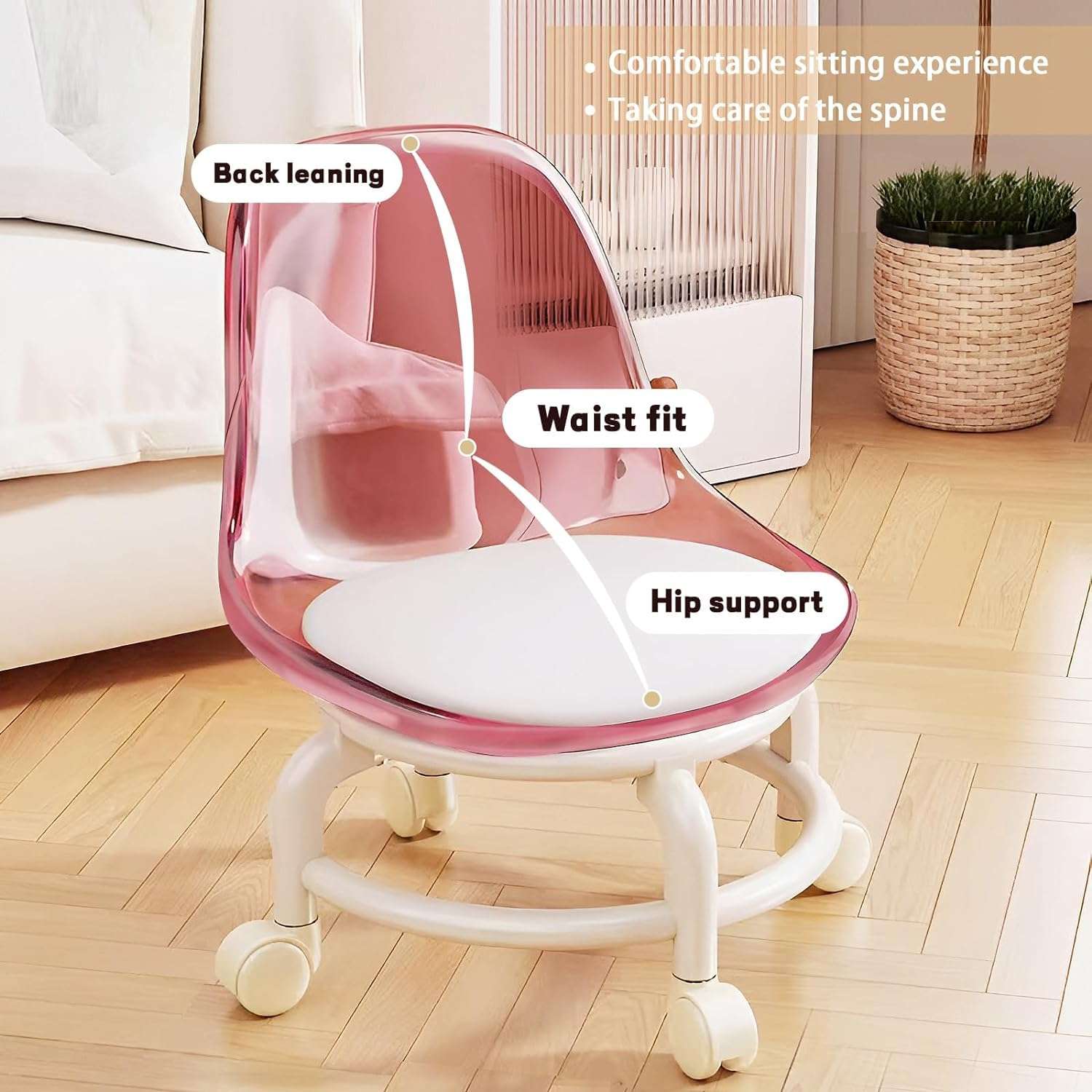 Meneflix Low Rolling Seat, Round Stool with Wheels PU Leather, Low Height Stool with Wheels Rotatable Movable Chair, Roller Seat Chair 360 Degree Rotating Pedicure Stool, Bench Rolling (Pink) 5