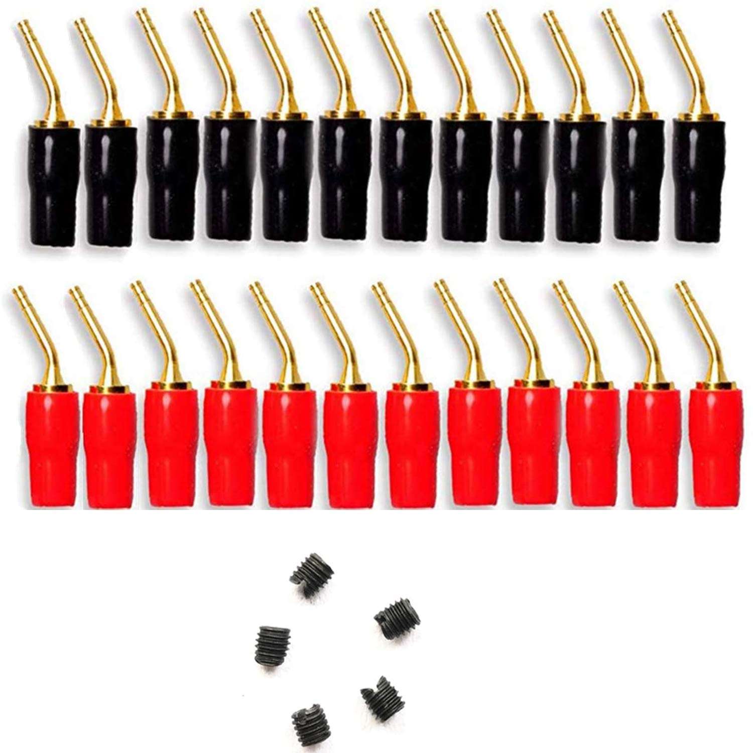 YouU Right Angle Speaker Banana Plugs 90°Degree 24K Gold Plated Audio Jack Connector L Shape Speaker Adapter for Speaker Cable,2 Black and 2 Red (24 Pcs)