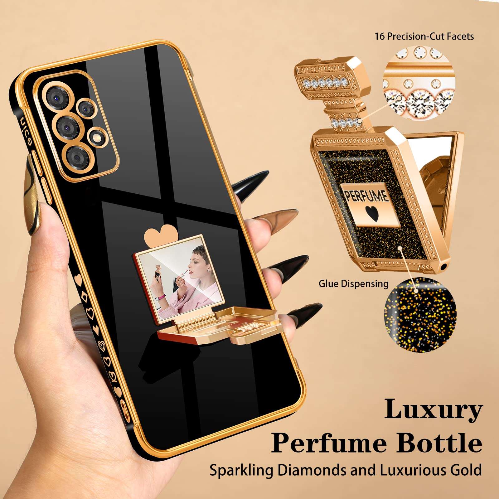 Buleens for Samsung Galaxy A53 5G Case with Cute Metal Perfume Bottle Mirror Stand for Women Girly Heart Cases for Galaxy A53 5G Case, Elegant Luxury Phone Cover for Samsung A53 5G Case 6.5'' Black 5