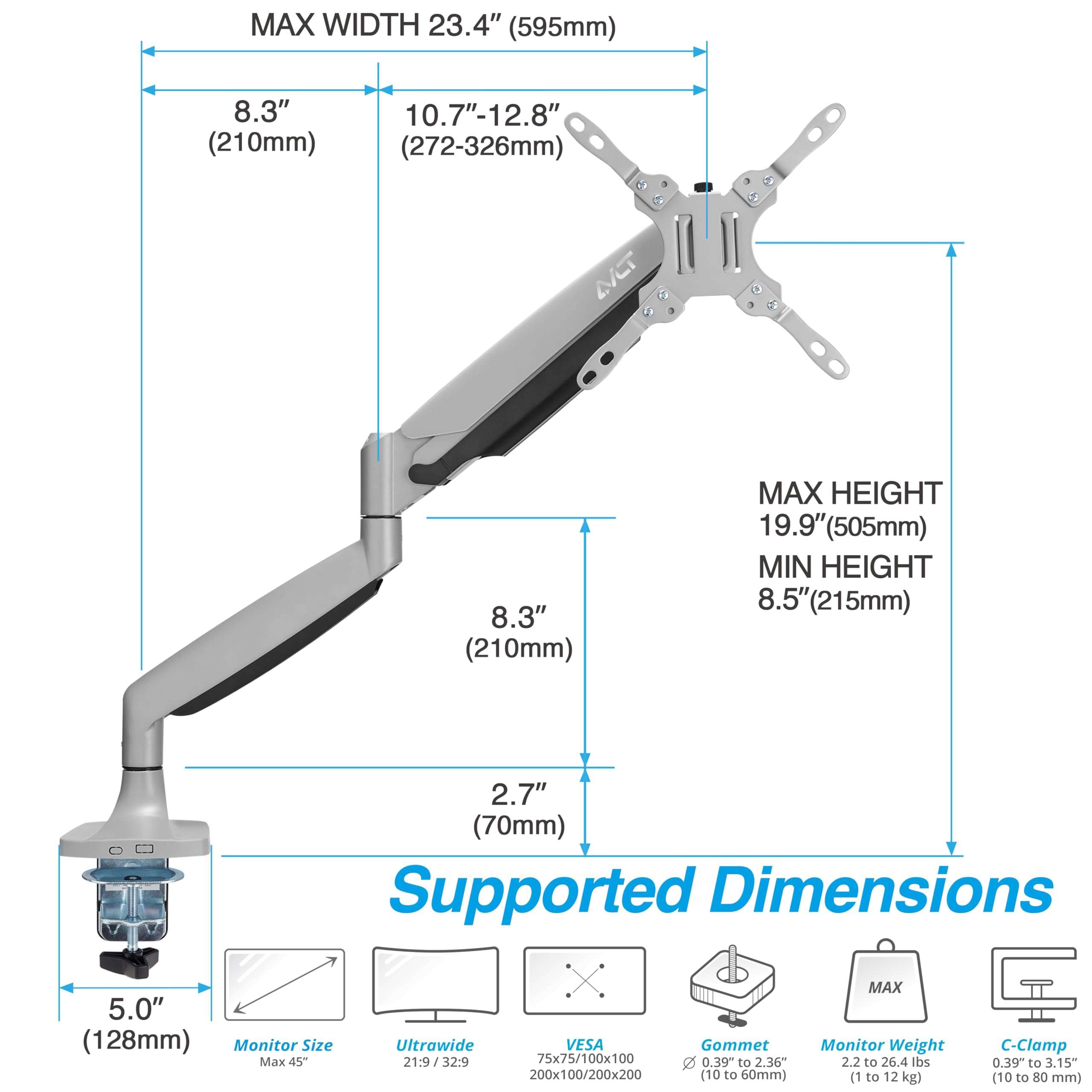 AVLT Single 17"-45" Monitor Arm Desk Mount Premium Mechanical Spring fits One Flat/Curved/Ultrawide Monitor Full Motion Height Swivel Tilt Rotation Adjustable, Gray 2