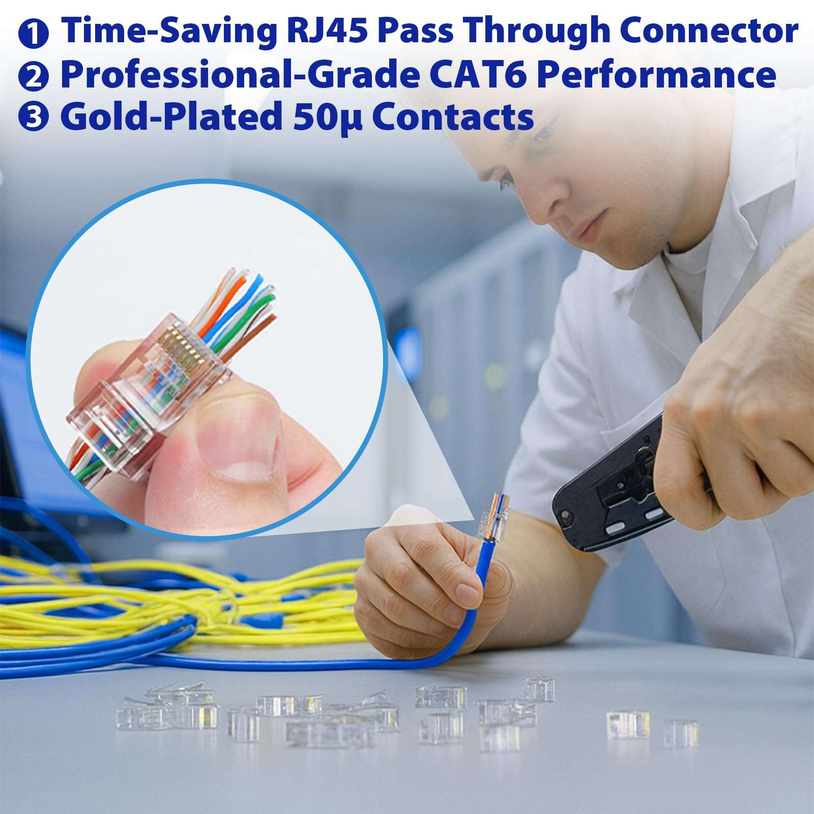 Cyberguys! CAT6 UTP Pass Through RJ45 Connectors – 50-Pack Gold-Plated 50μ 8P8C Modular Plugs, Supports 24–25AWG Ethernet Cables, 10Gbps High-Speed Network Ends, Easy Install with Crimp Tools 50-Pack 3