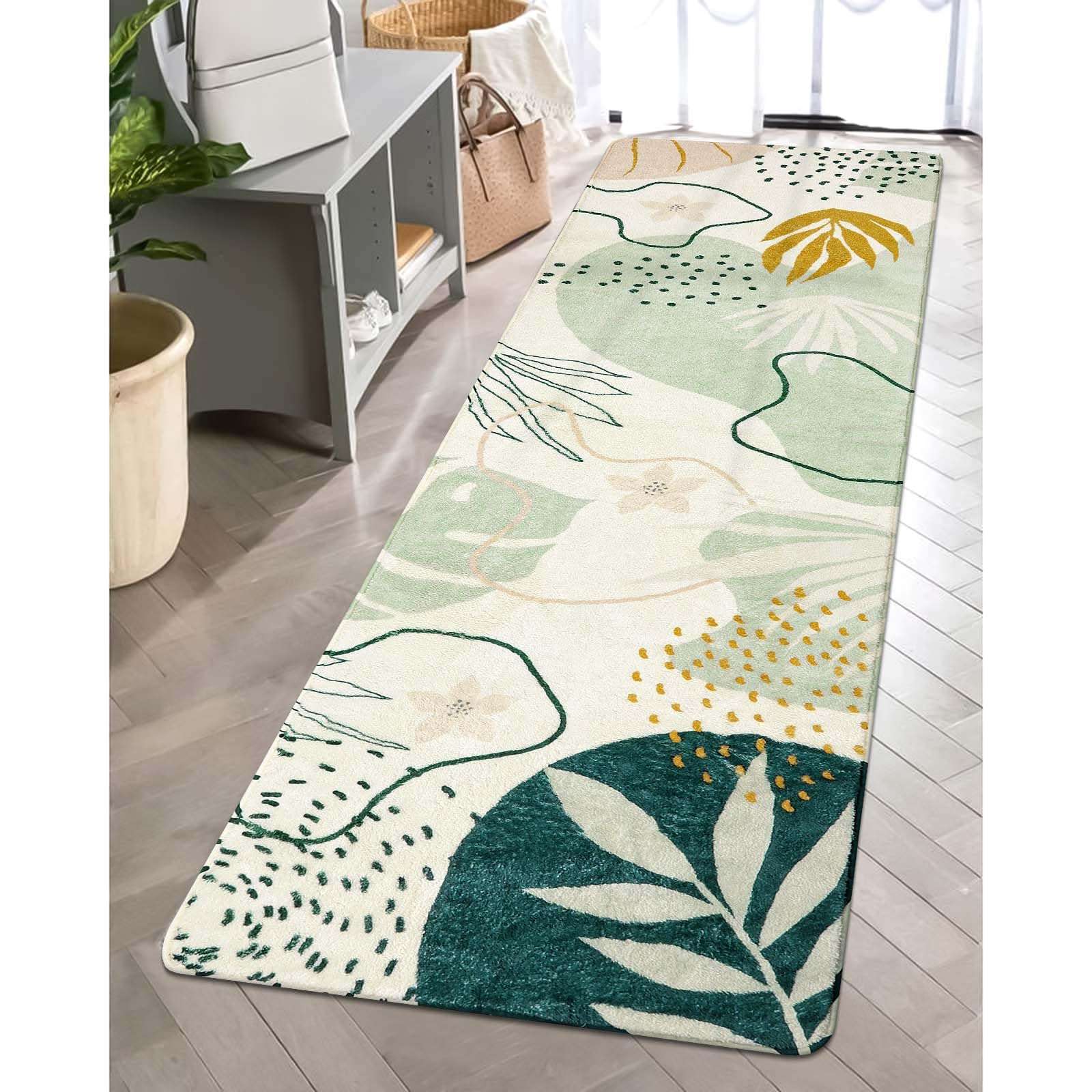 Lahome Green Hallway Runner - 2x7 Washable Non-Slip Runner Rug Throw Lightweight Soft Bathroom Runner Rug, Boho Botanical Print Indoor Carpet Runner for Bedroom Kitchen Entrance Laundry Living Room 1