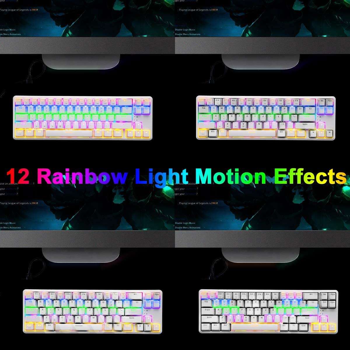 Wireless Mechanical Gaming Keyboard,60% Ultra-Compact Blue Backlit Rechargeable Bluetooth Dual Wired/Wireless Blue Switches Computer Keyboard for Multi-Device Phone Android Mobile(White Rainbow) 6