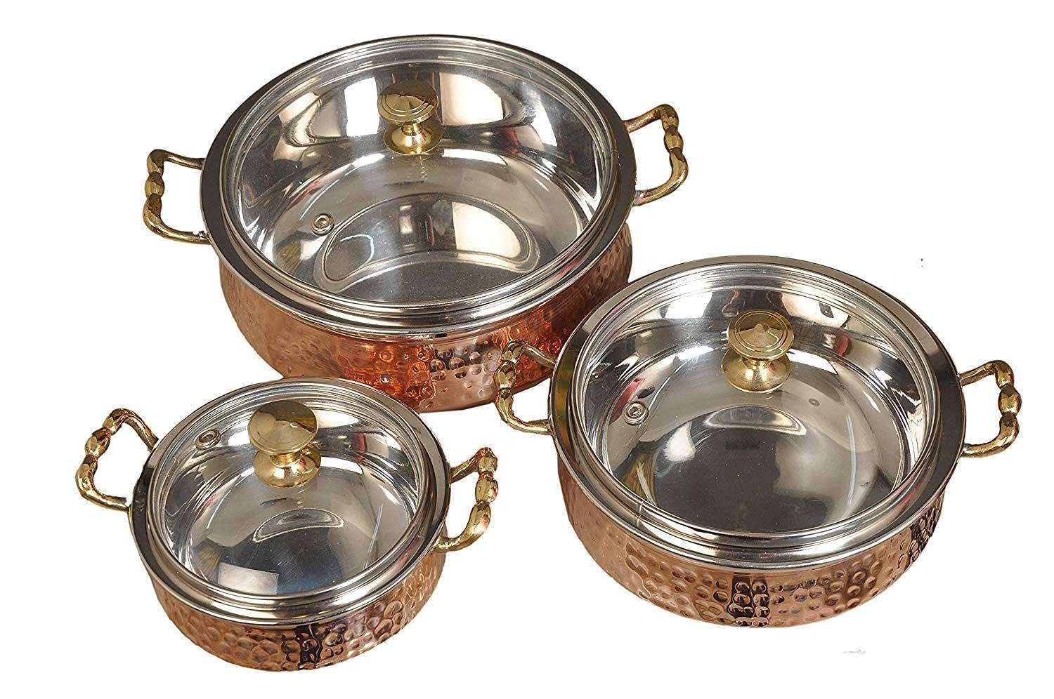 Alluring Homz Combo Hammered Steel Copper Casserole Handi Bowl with Glass Lid,Tableware and Serveware Serving Dishes Copper, Handi (300 ml +500 ml + 800 ml) Pack of 3 4