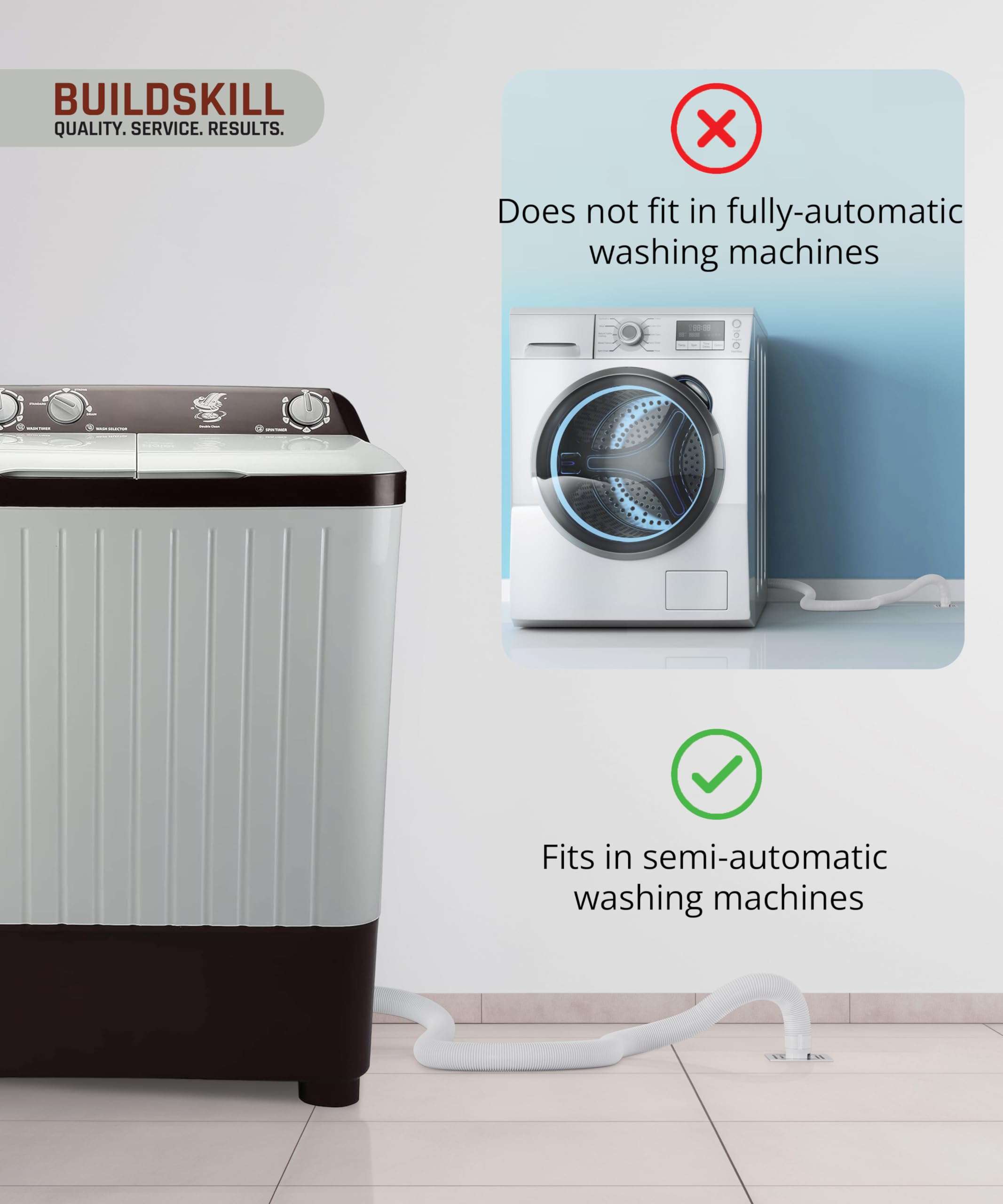 BUILDSKILL Semi-Automatic Washing Machine Drain Pipe 1.5 Meters | In-Built Anti-Slip Hook | Leakproof Solid Built | Flexible Design | 5-8Kg Washing Machine Pipe Outlet Drain (Pack of 1- White) 4