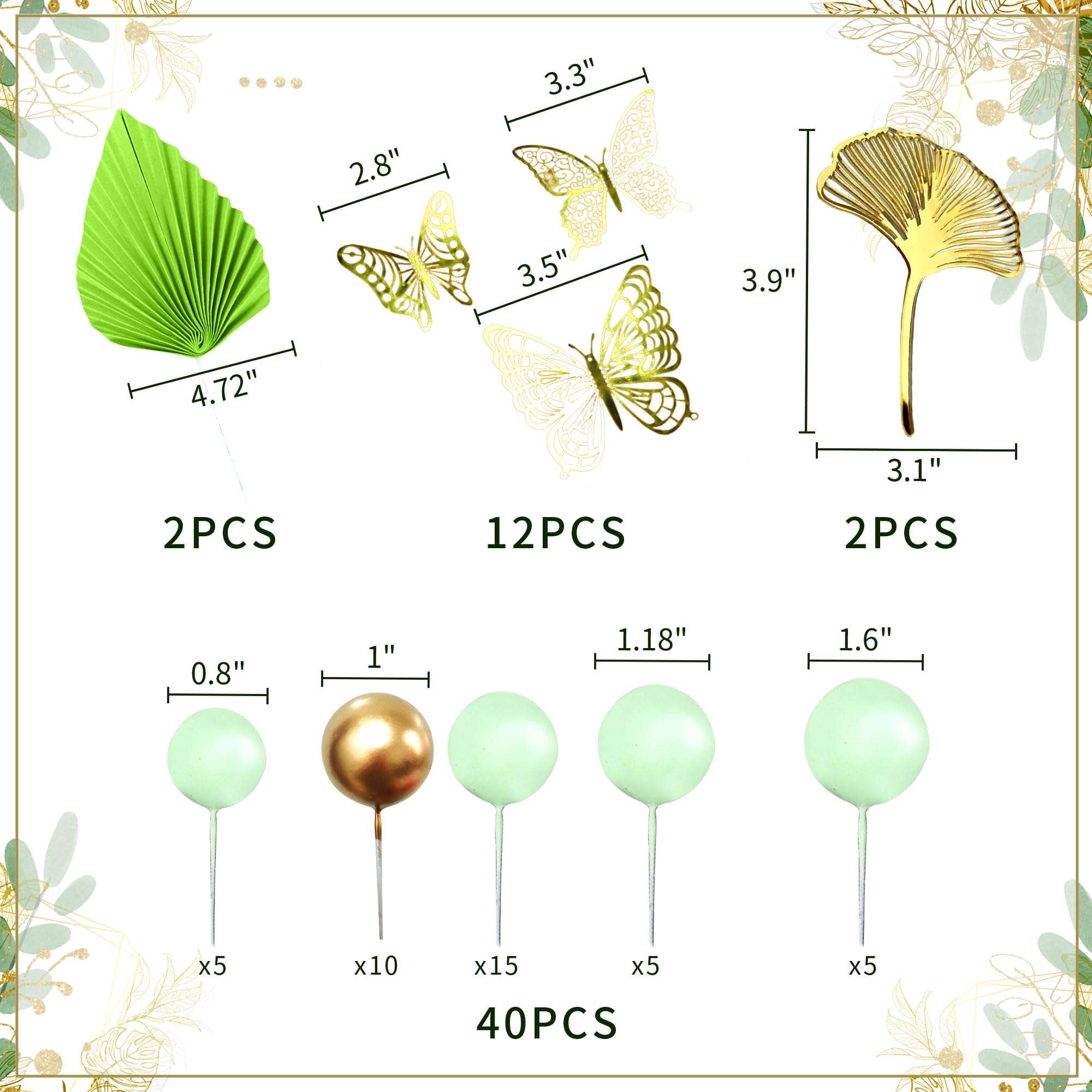 JeVenis Sage Green Rose Cake Decoration Balls Cake Decoration Gold Palm Leaves Cake Decoration Bohemian Cake Decoration Boho Cake Decoration White Gold Ball Cake Decoration Boho Party Supplies 3