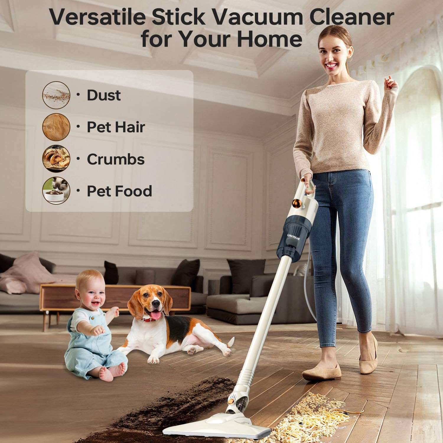 UN1QUE 2 in 1 Handheld & Stick Vacuum Cleaner for Home, 500W Handheld Vacuum with 15000PA Suction, 0.8L Washable HEPA Filter, Adjustable Head, Bagless Dry Vacumming, Deep Clean for Hard Floor, Carpet 4